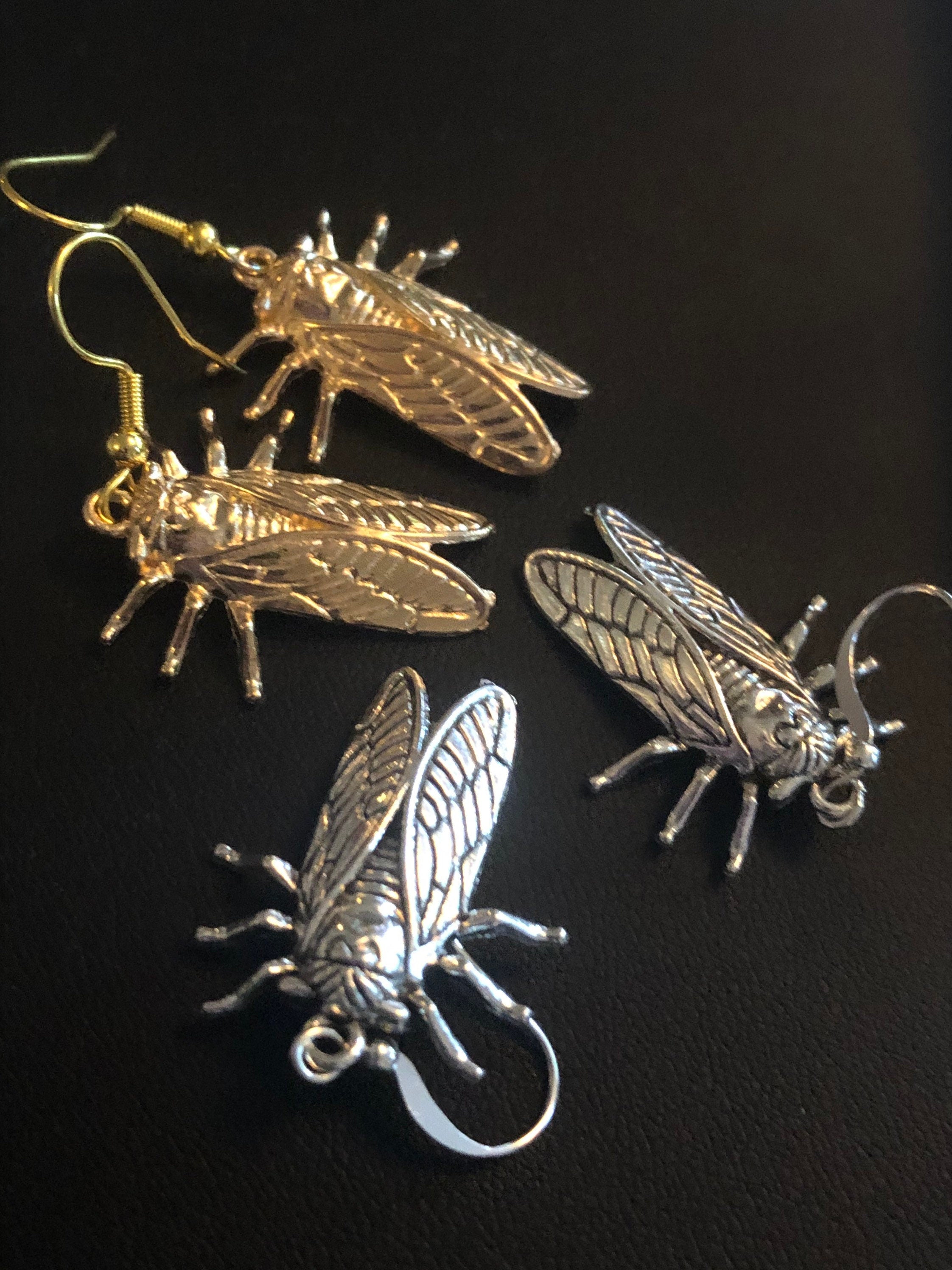 gold tone Cicada bug earrings for pierced ears