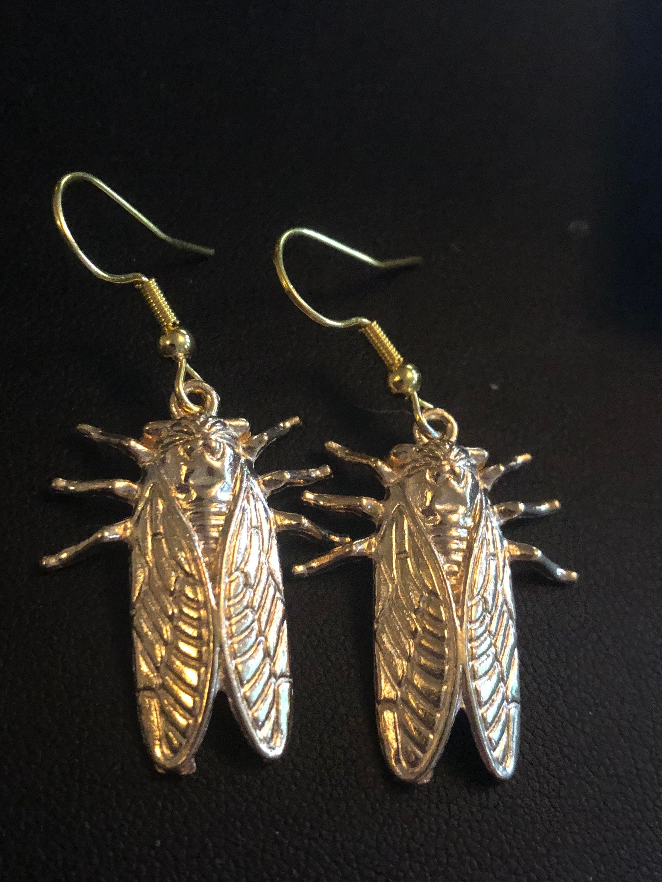 gold tone Cicada bug earrings for pierced ears