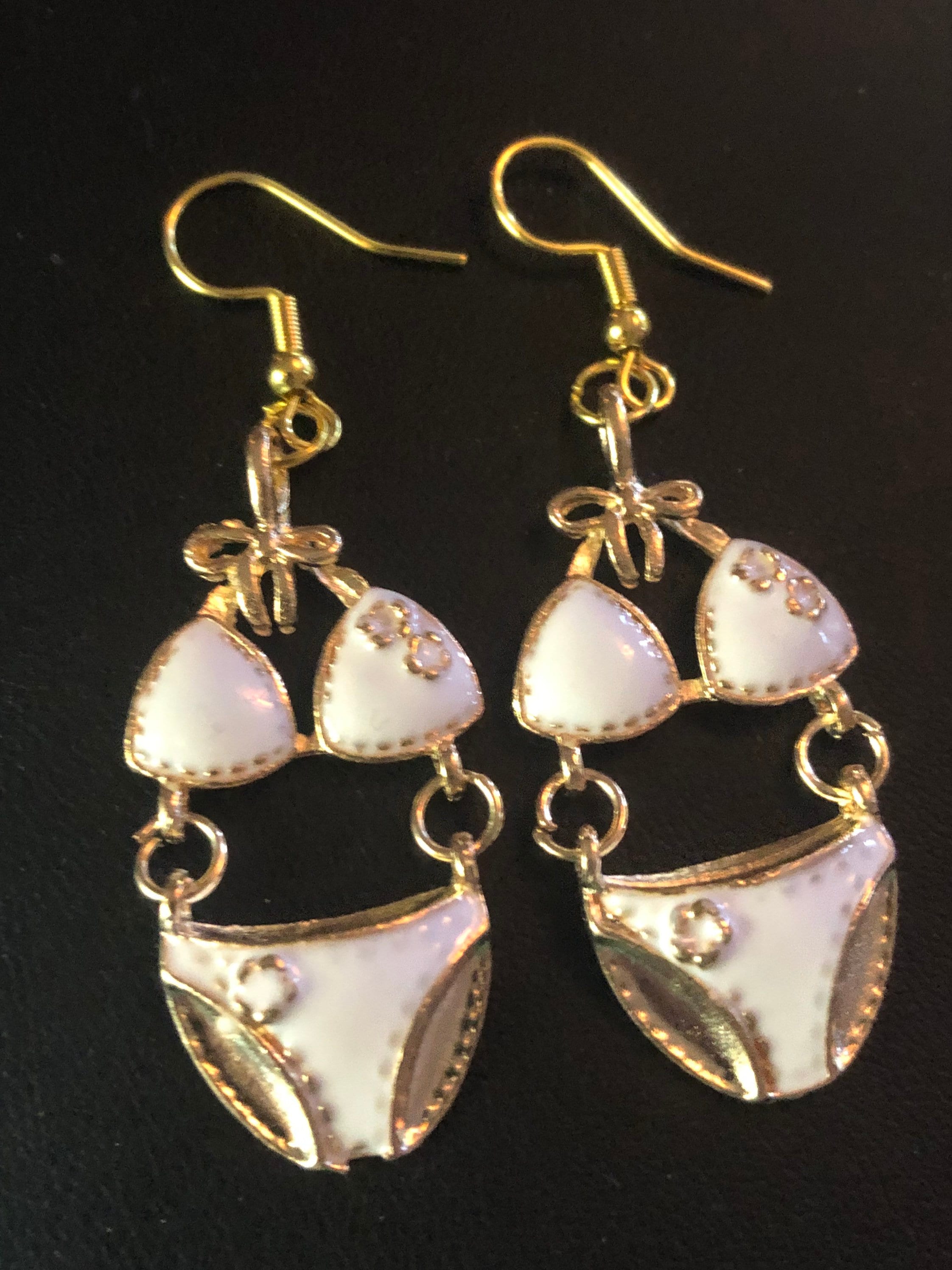 Gold & bright green enamel summer bikini drop earrings