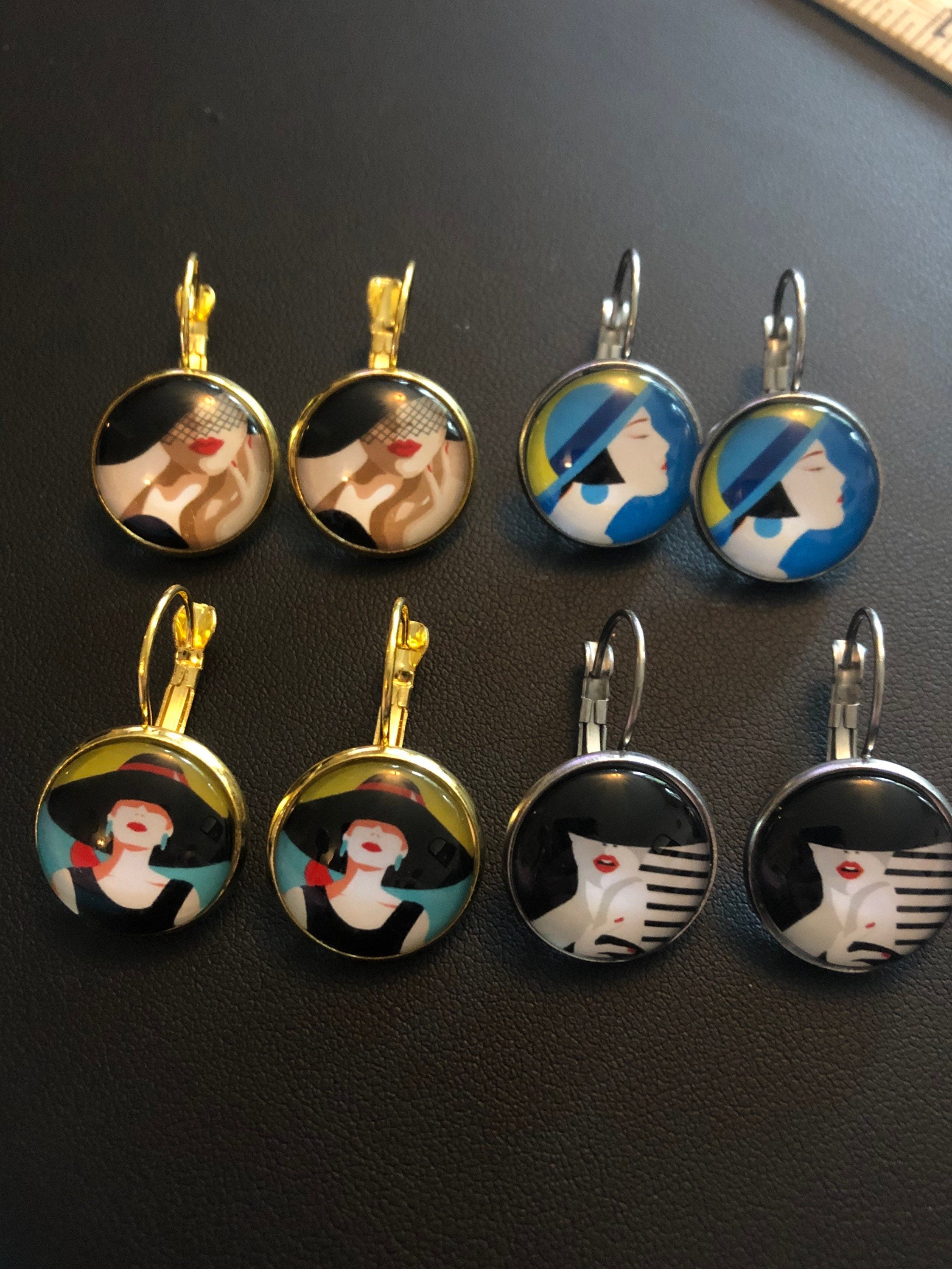 Art Deco stylish lady drop earrings with glass cabochon 1950s style pop art