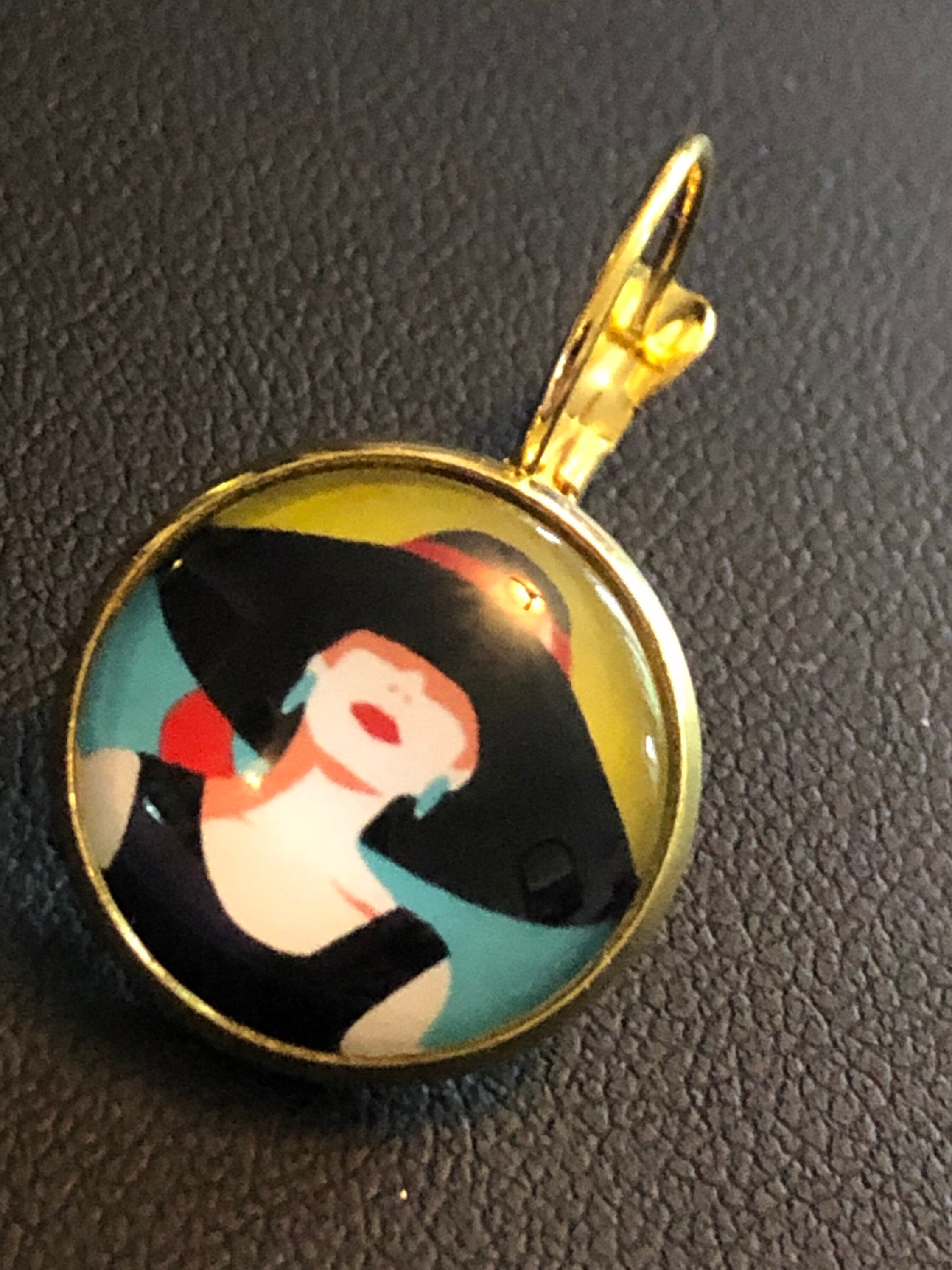 Art Deco stylish lady drop earrings with glass cabochon 1950s style pop art