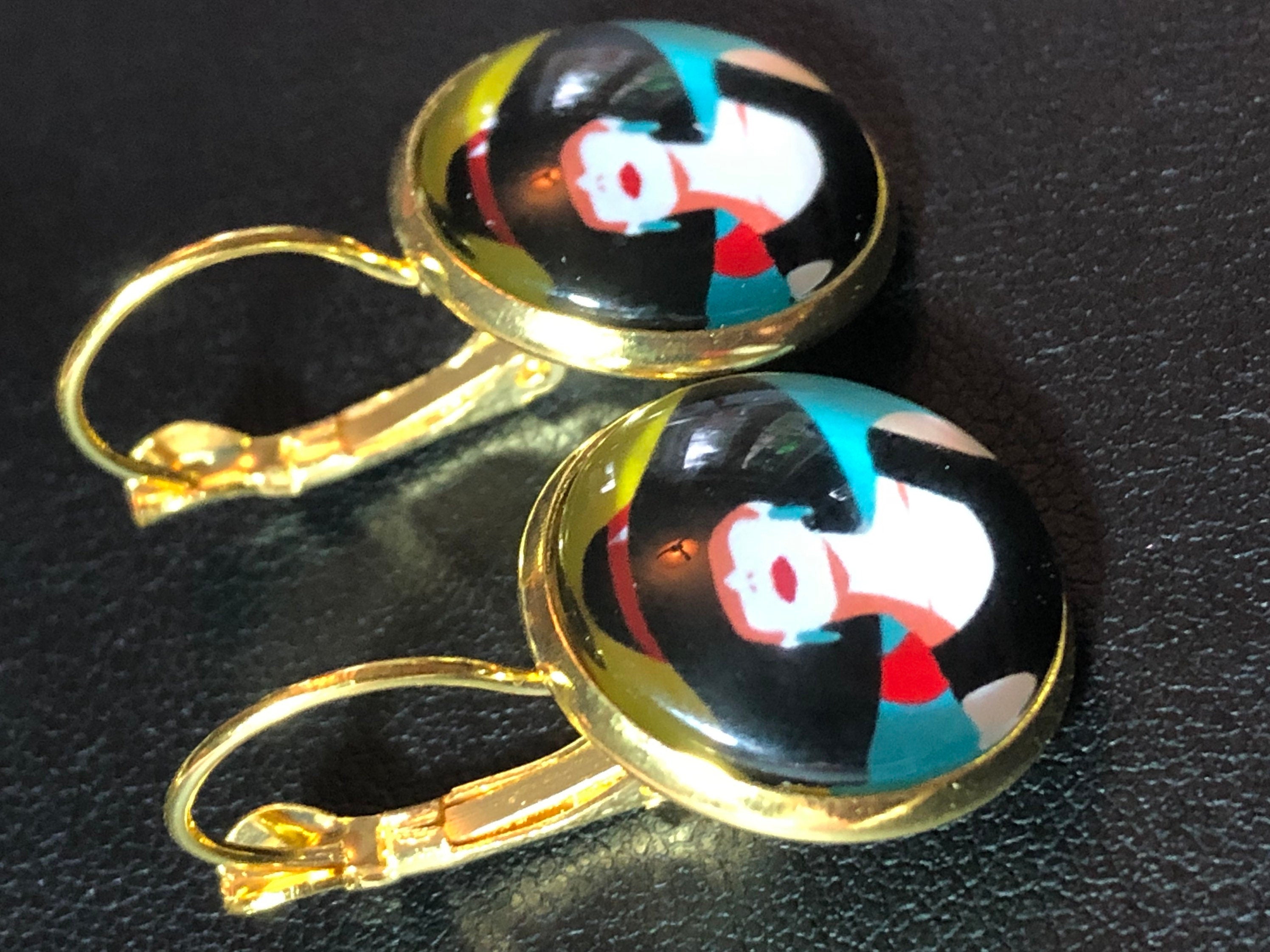 Art Deco stylish lady drop earrings with glass cabochon 1950s style pop art