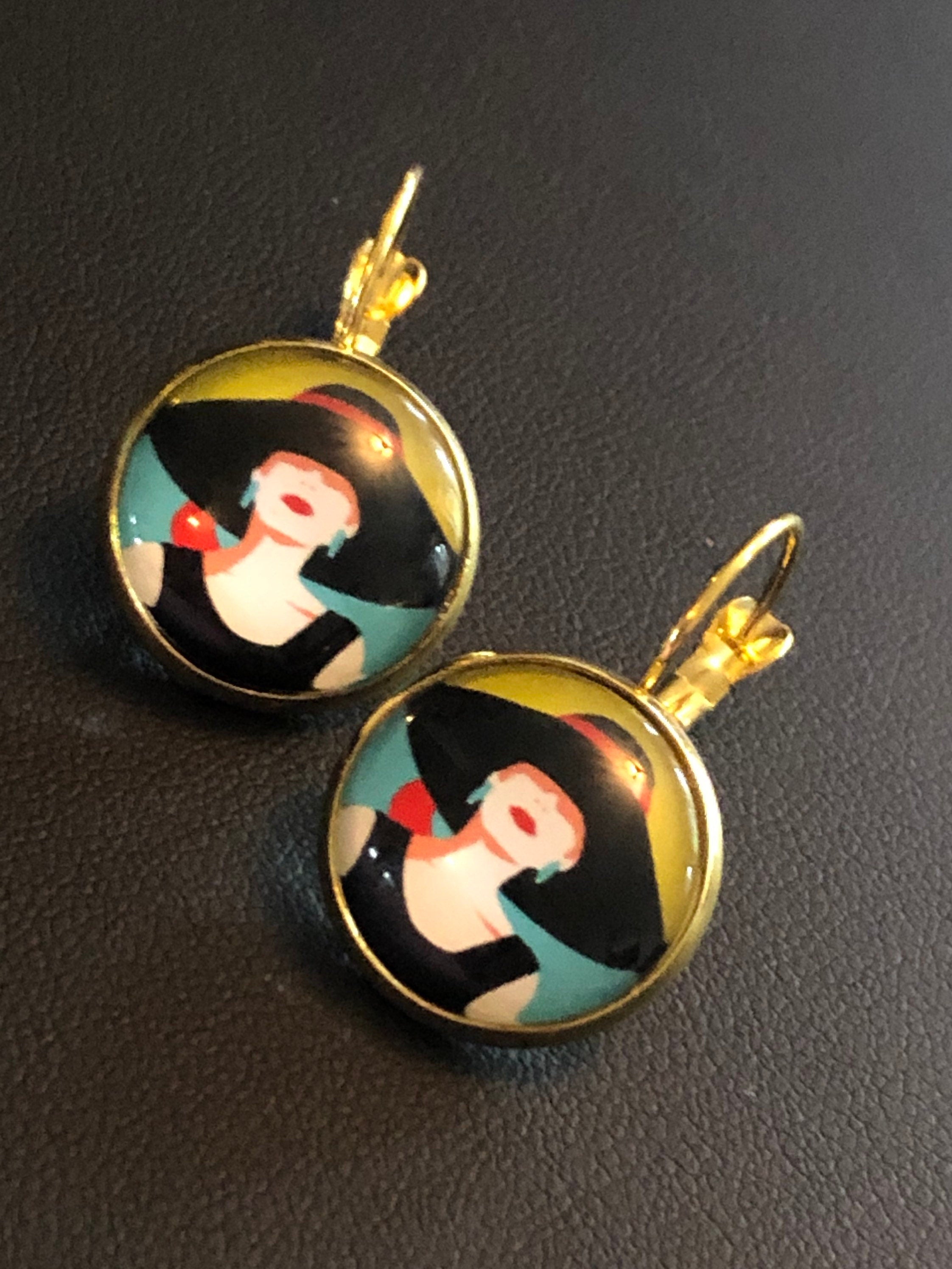 Art Deco stylish lady drop earrings with glass cabochon 1950s style pop art