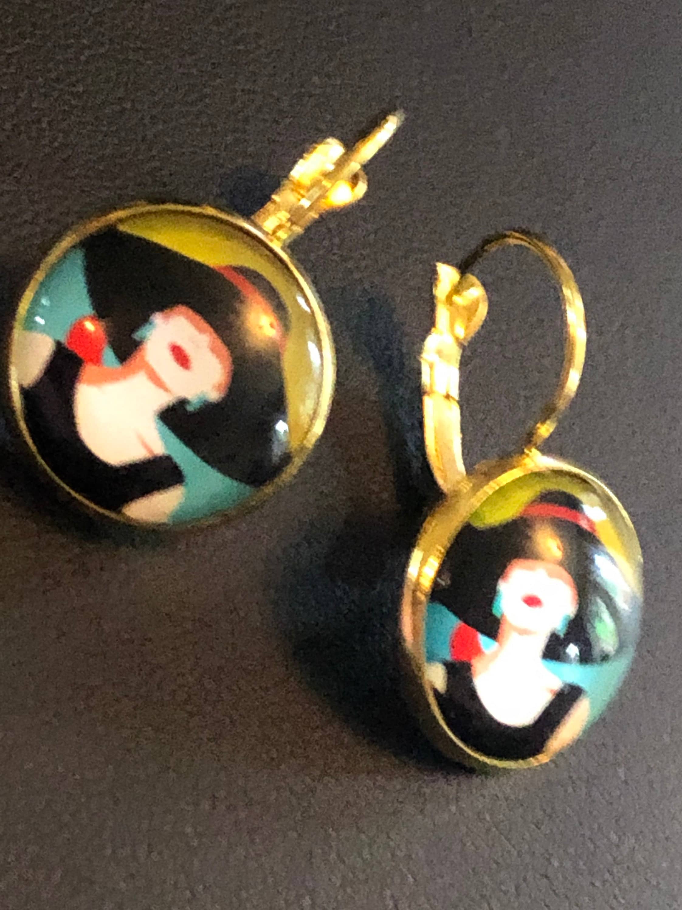 Art Deco stylish lady drop earrings with glass cabochon 1950s style pop art