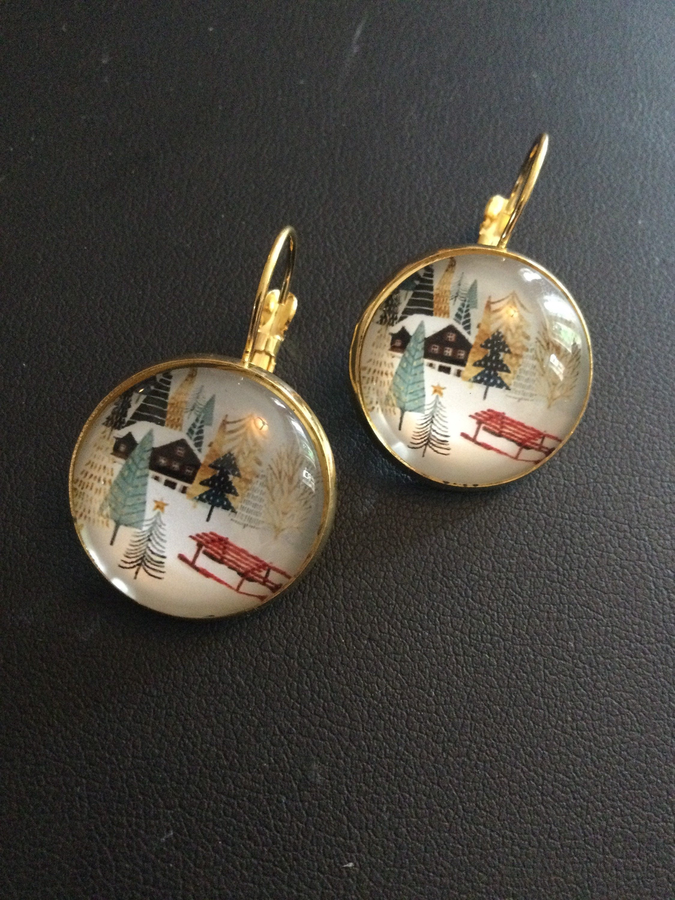 Hygge nordic style winter snow scene drop earrings
