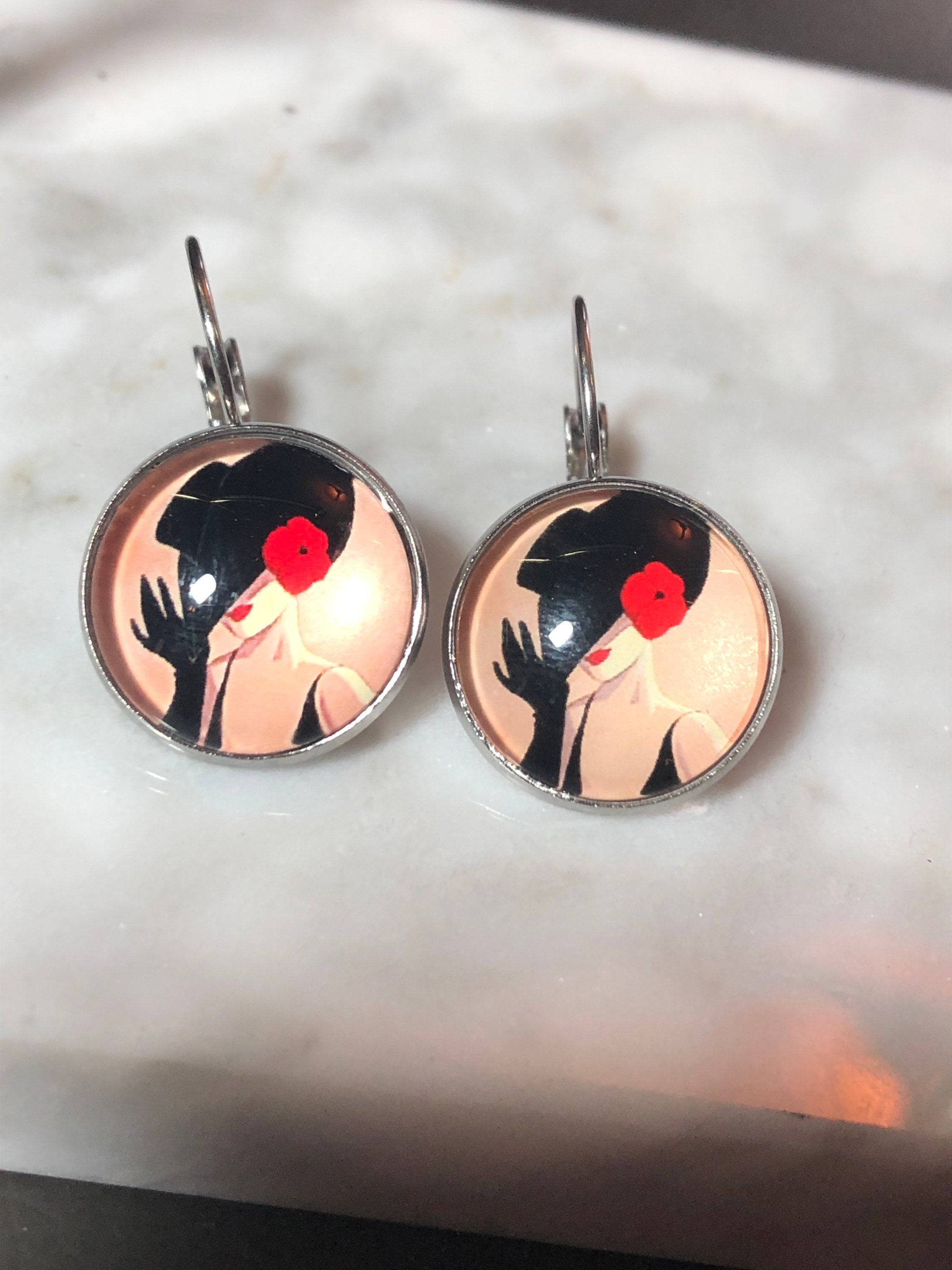 Art Deco stylish lady monochrome drop earrings black red
