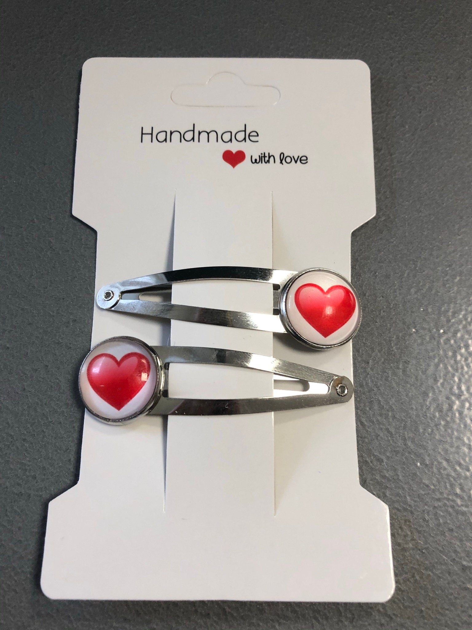 pair of red love heart hair clips silver tone snap lock closure girls