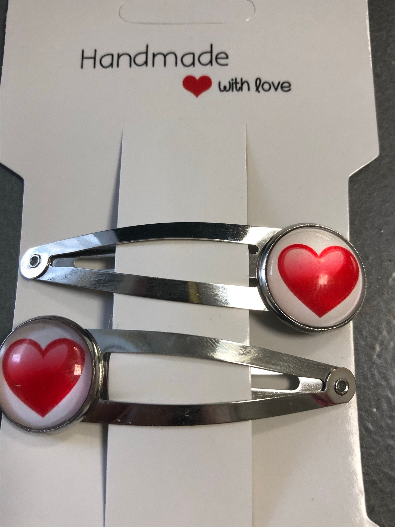 pair of red love heart hair clips silver tone snap lock closure girls