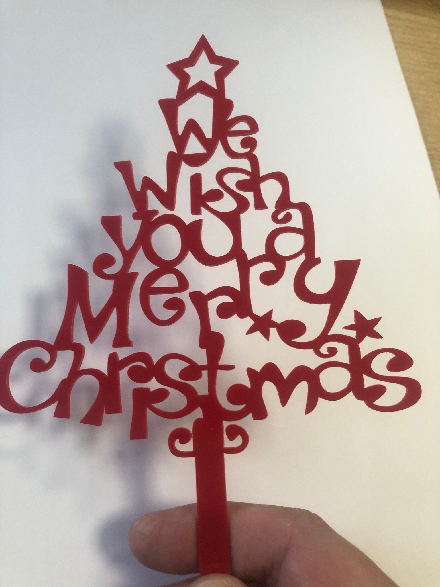 Red Christmas tree Cake Topper ( We wish you a merry Christmas) Acrylic