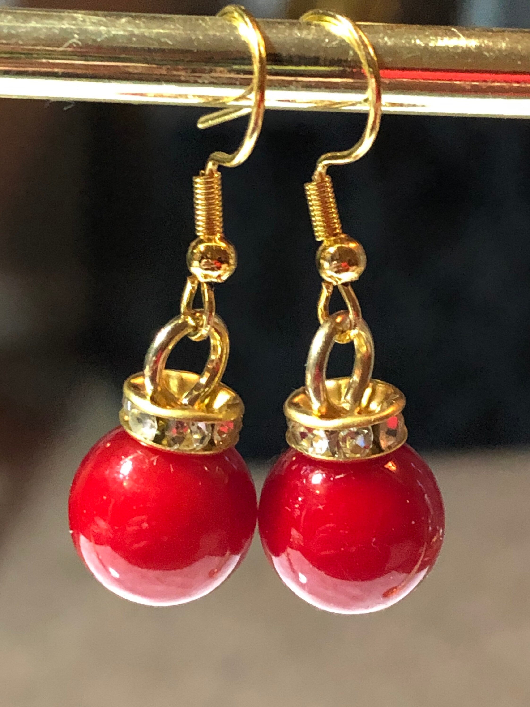 cherry red Christmas bauble small round gold tone drop earrings with crystal diamanté