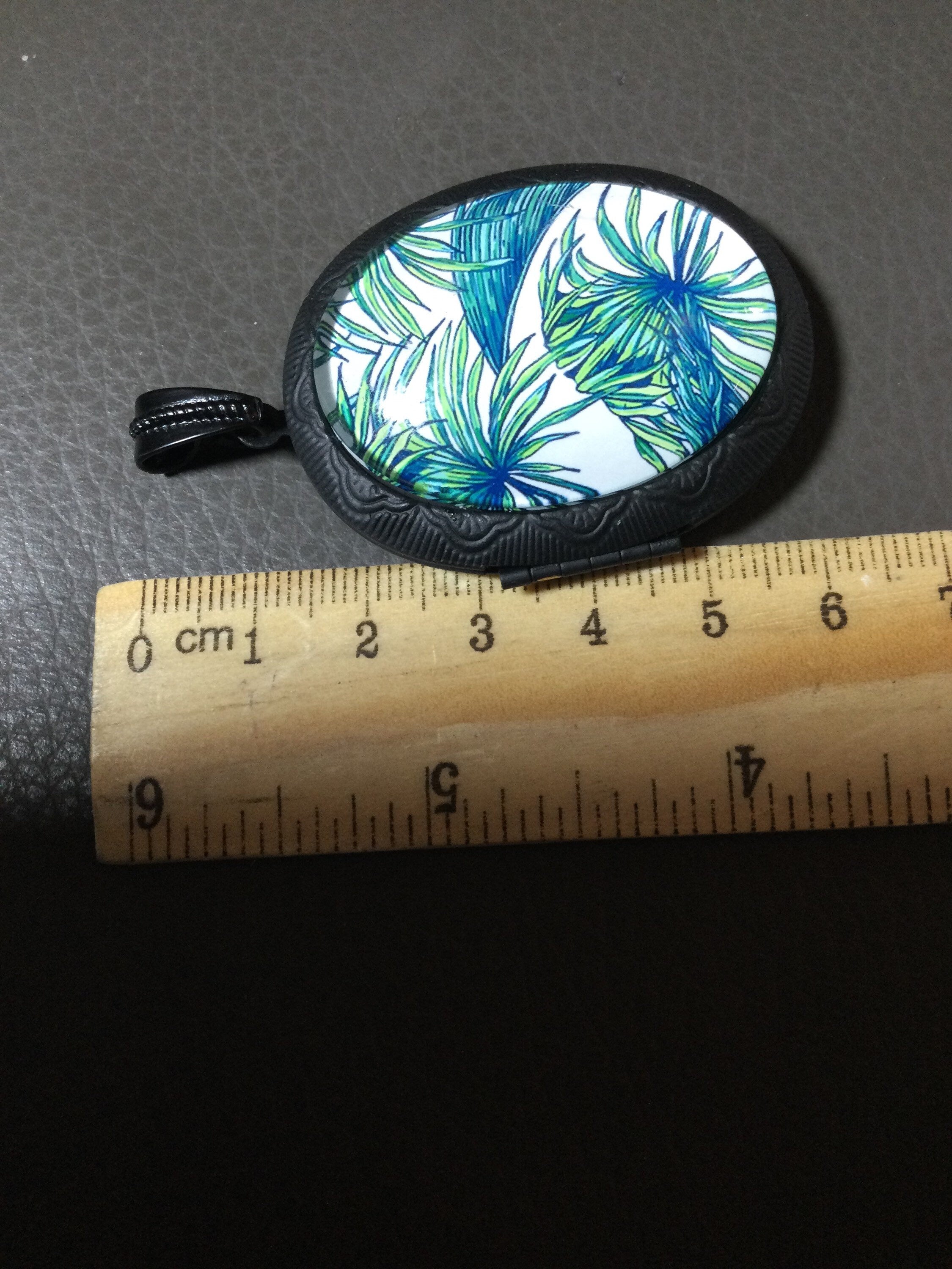Tropical Palm Tree Locket Pendant, Matte Black Oval Photo Keepsake