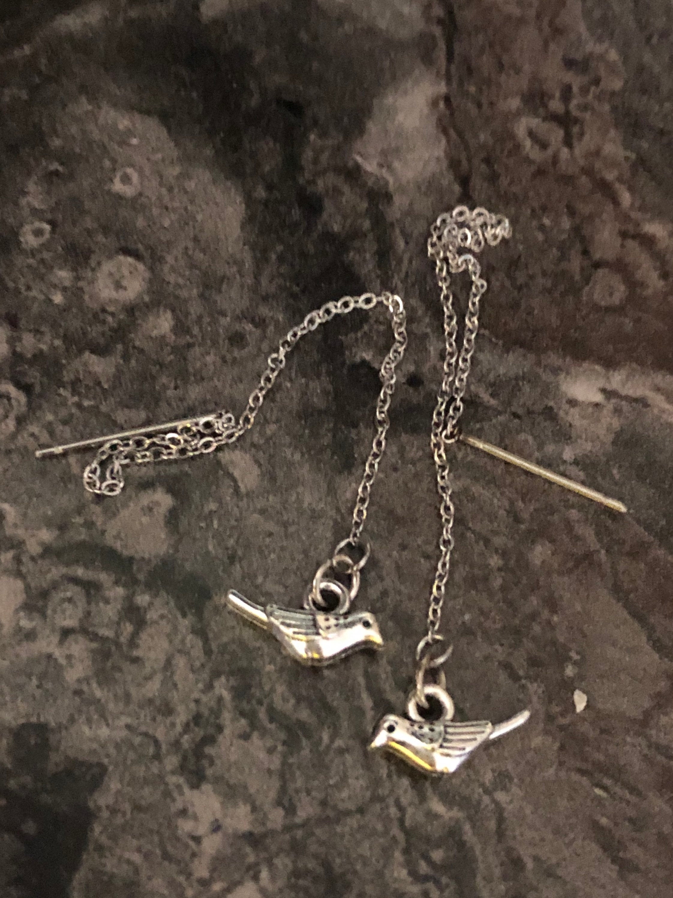 garden sparrow bird drop threader earrings pierced Silver tone