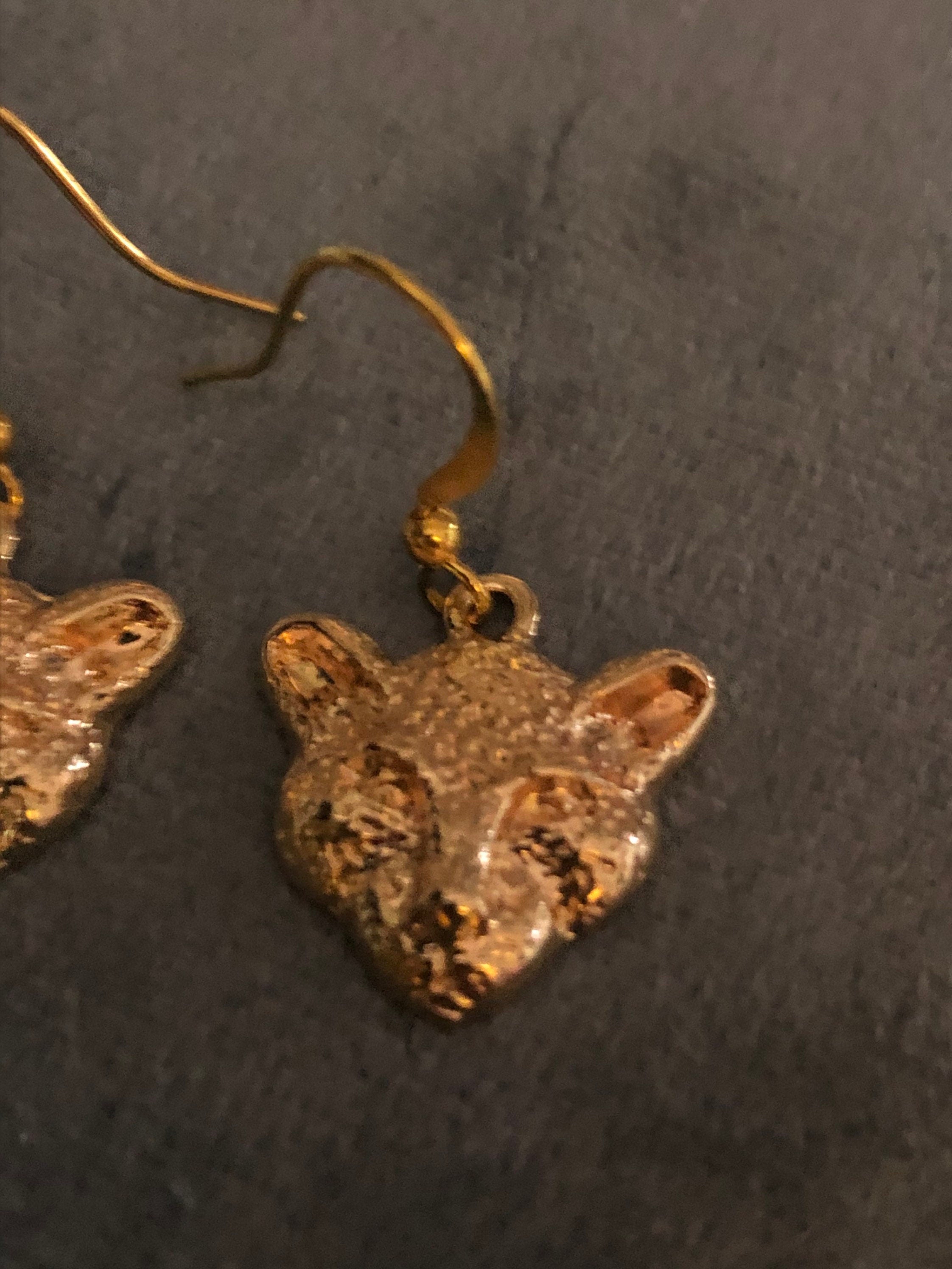 leopard panther cat dangly drop earrings gold tone