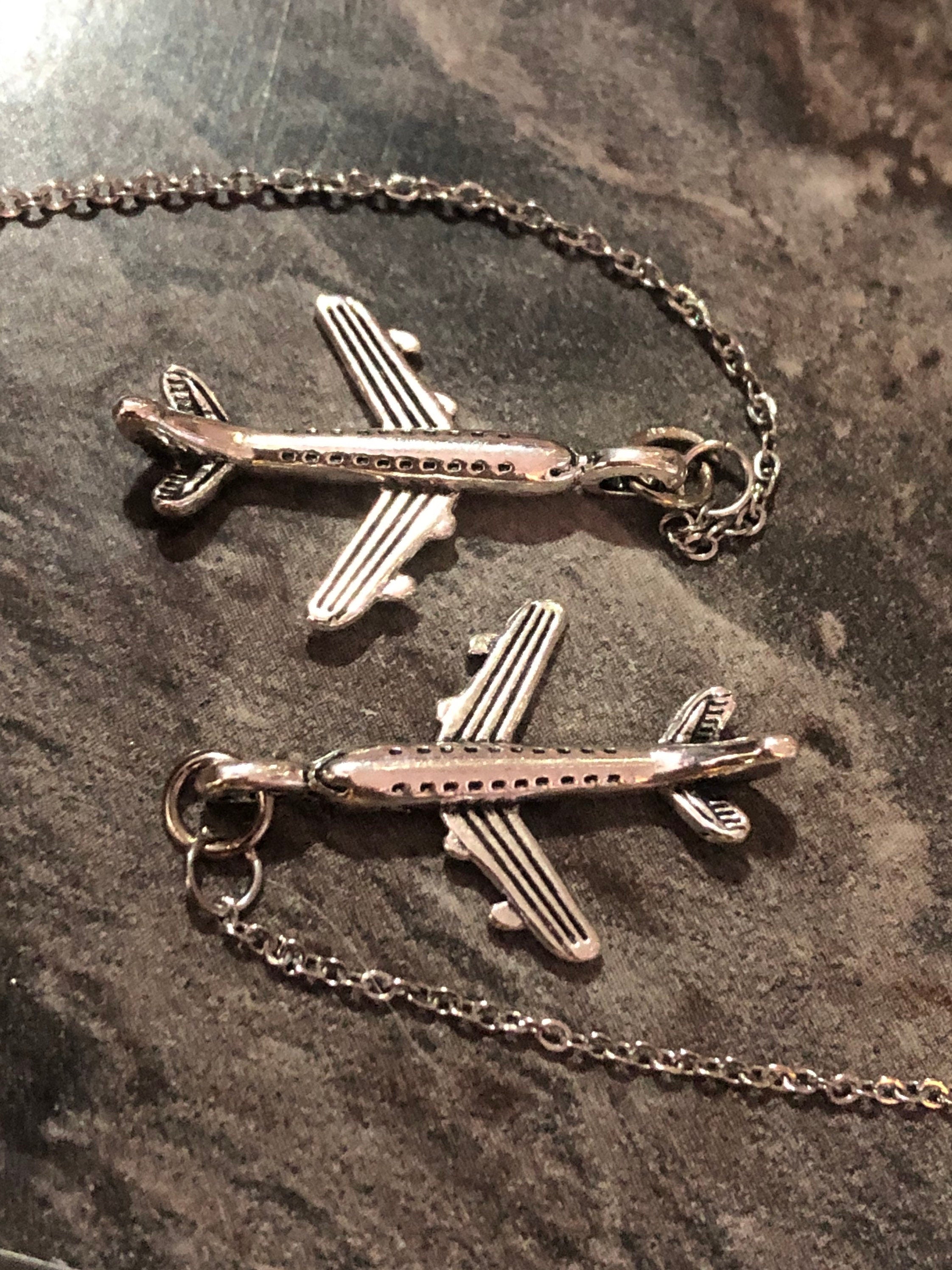 Silver tone aeroplane drop earrings pierced pull through stainless steel threader