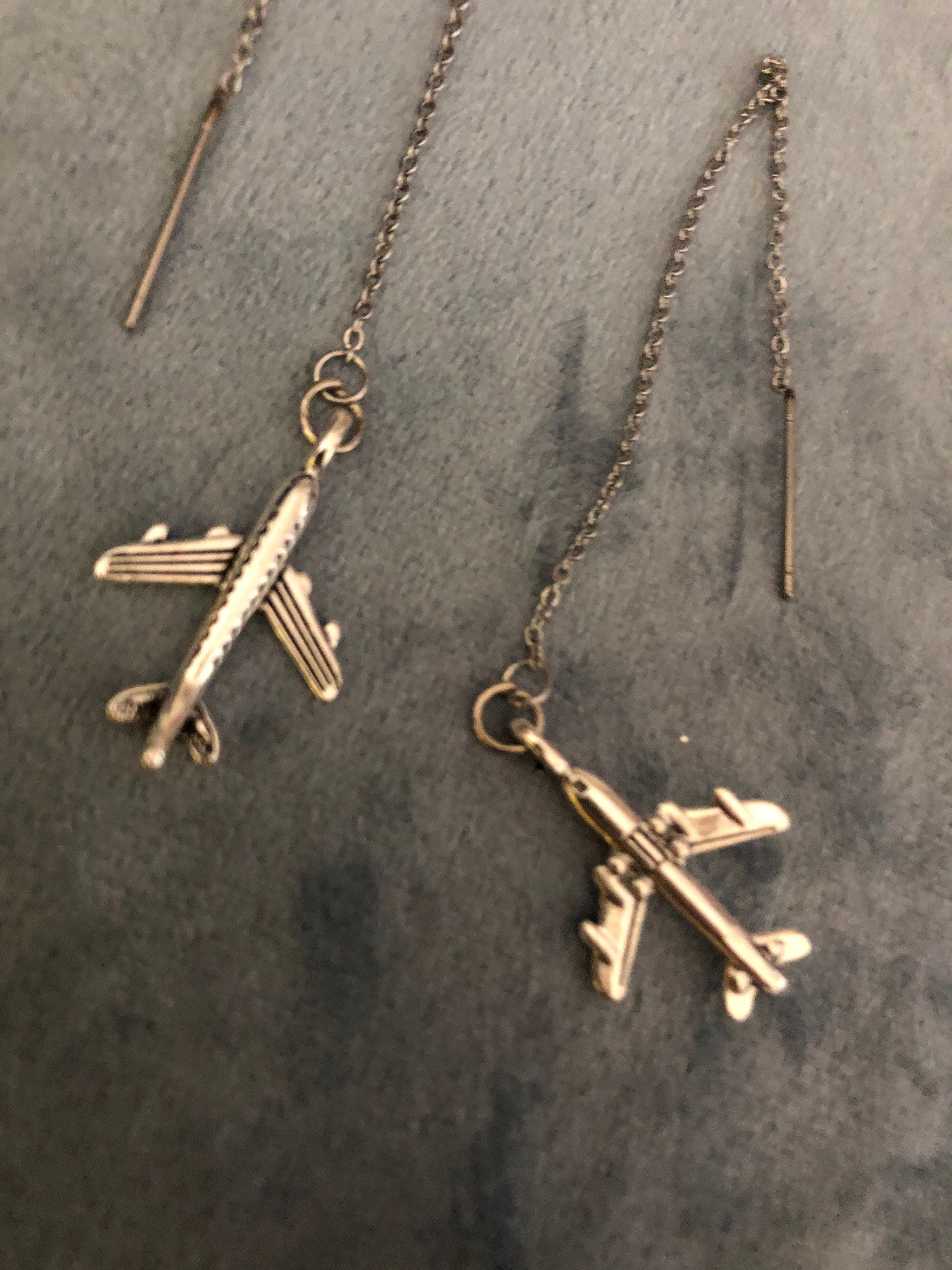 Silver tone aeroplane drop earrings pierced pull through stainless steel threader