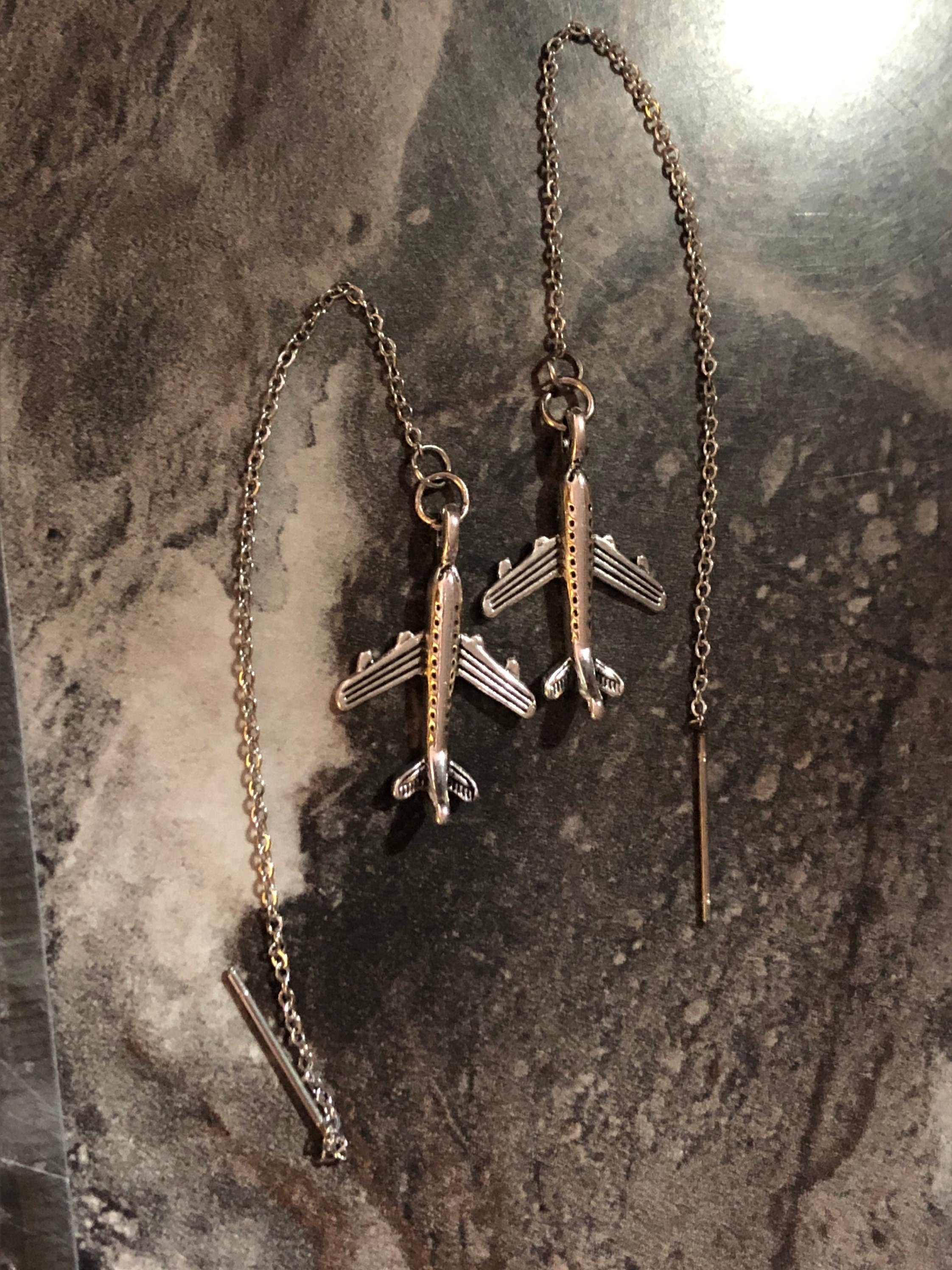 Silver tone aeroplane drop earrings pierced pull through stainless steel threader