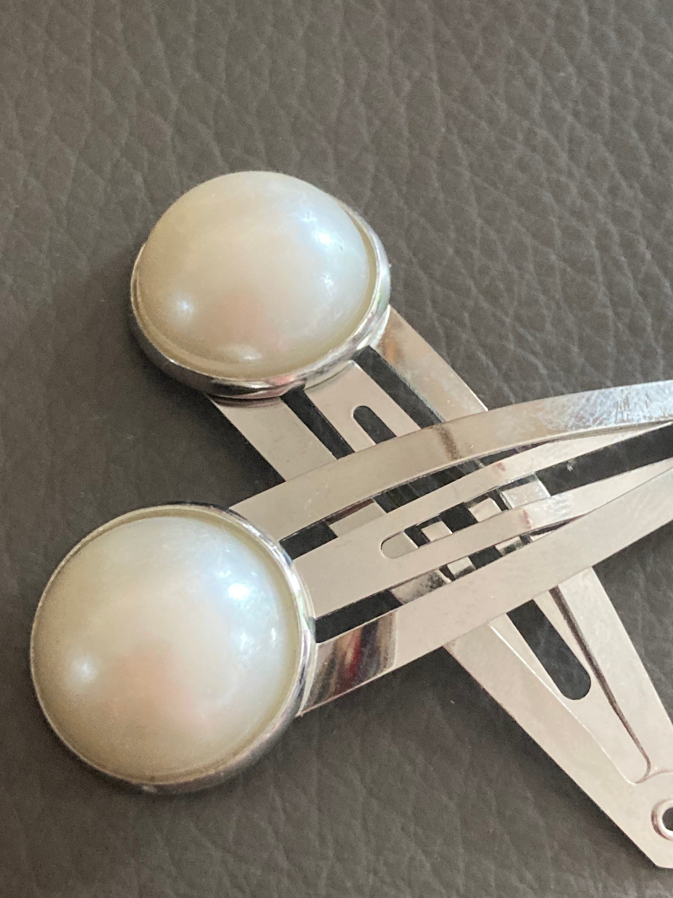 warm white ivory cream faux Pearl hair clips silver tone snap lock