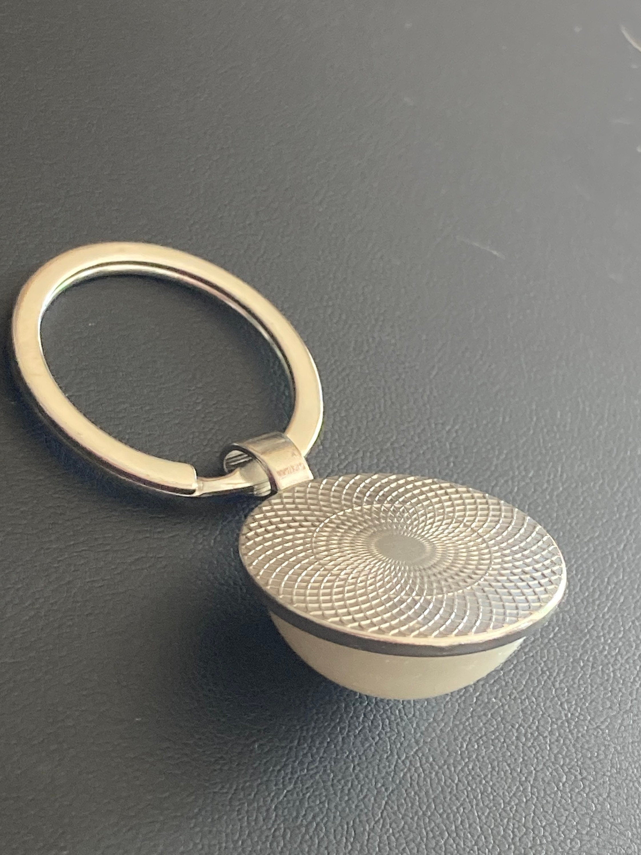 white faux Pearl silver keyring with 25mm plastic domed Pearl cabochon