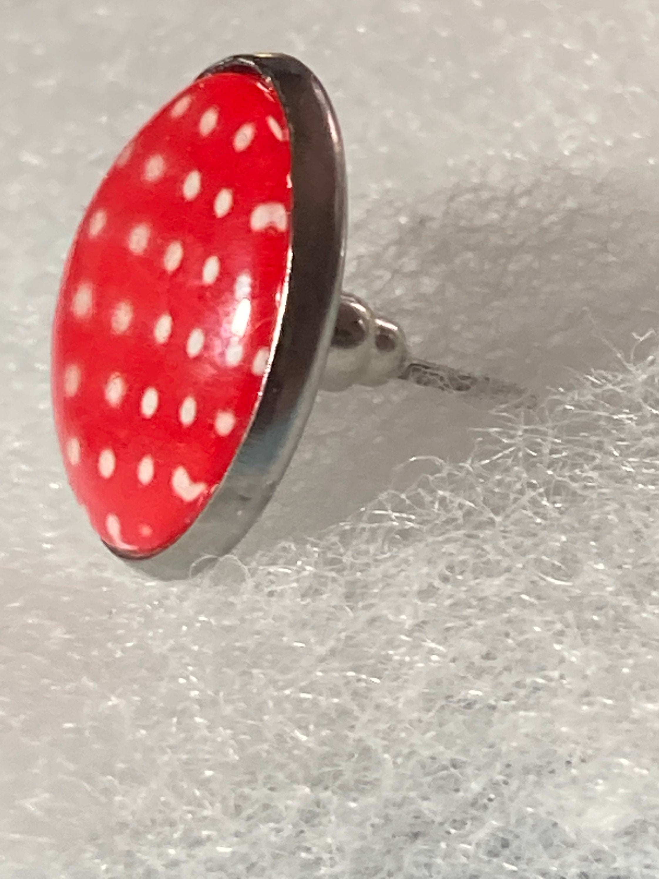 red polka dot earrings pierced round glass silver studs stainless steel