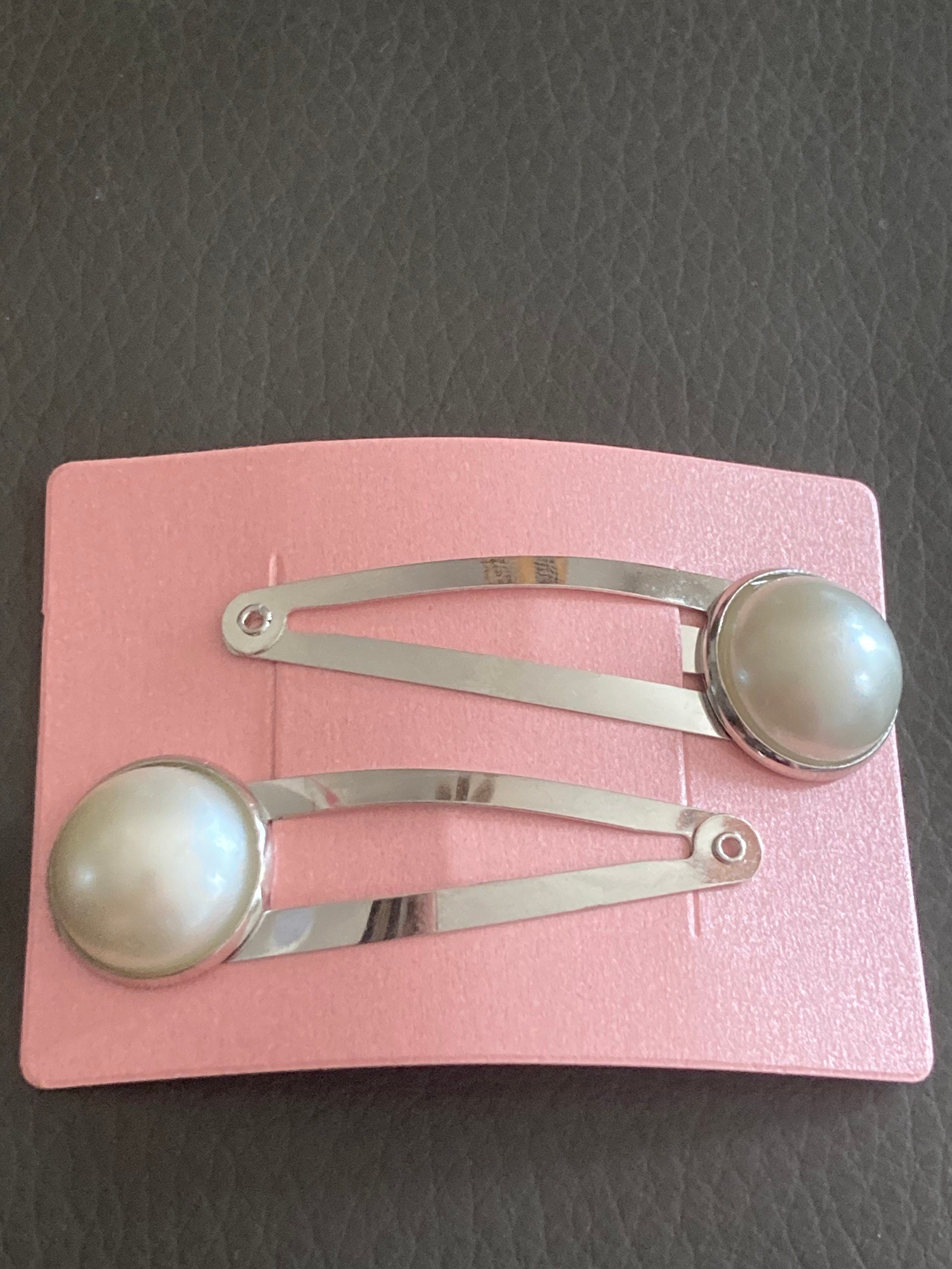 warm white ivory cream faux Pearl hair clips silver tone snap lock