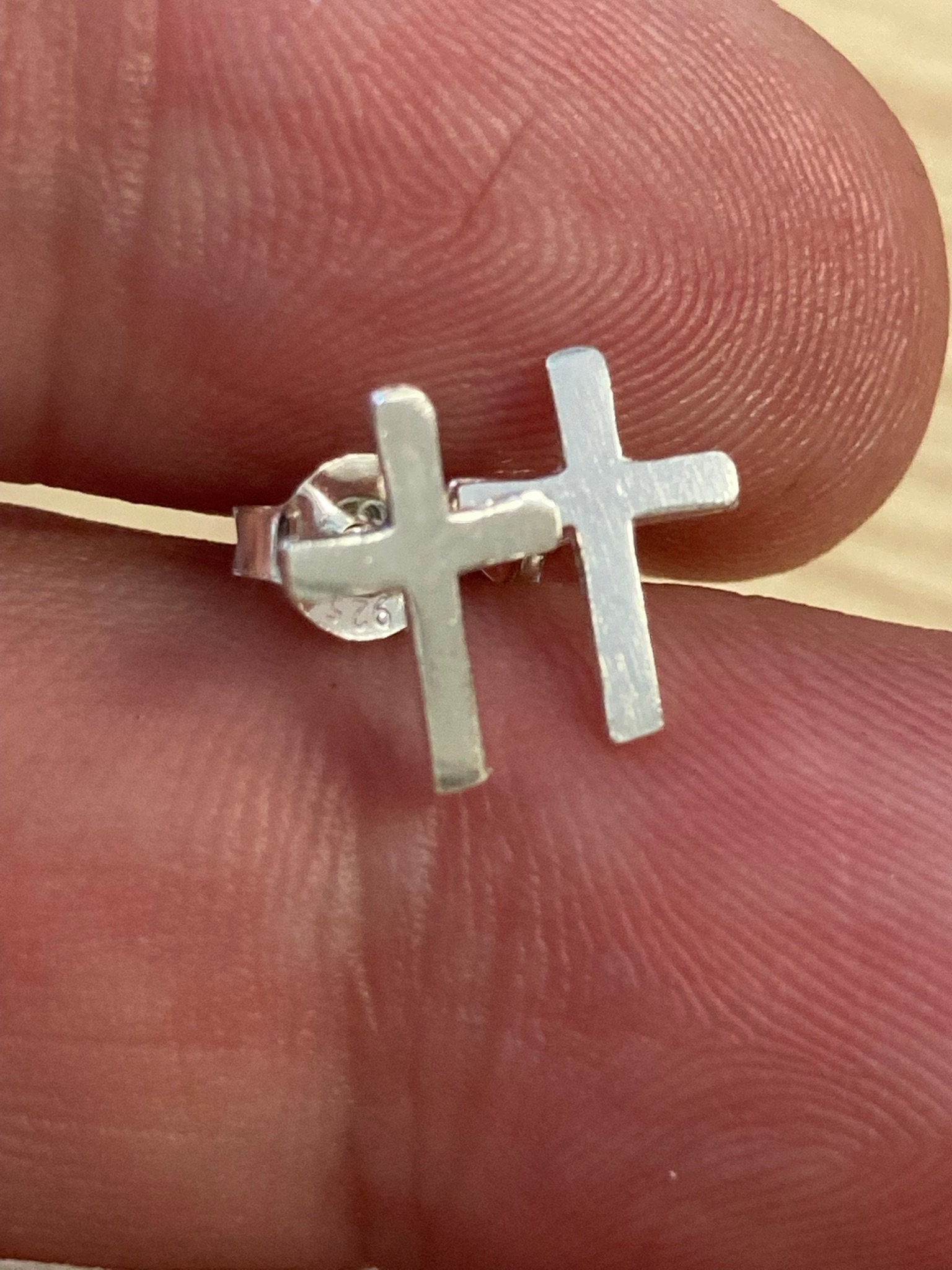 925 sterling silver CROSS stud earrings, pierced ears