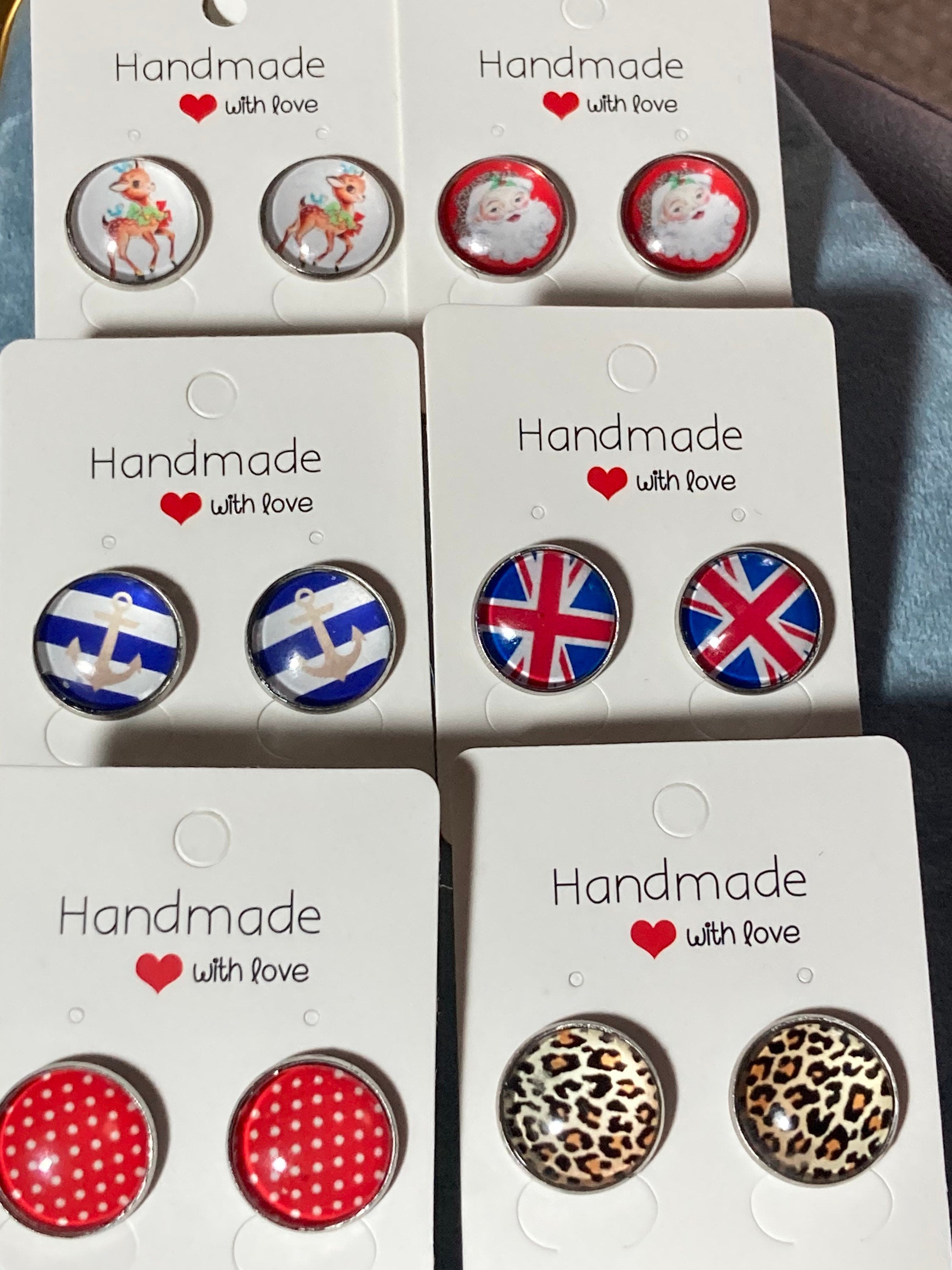 blue and white earrings floral print round glass stainless steel studs