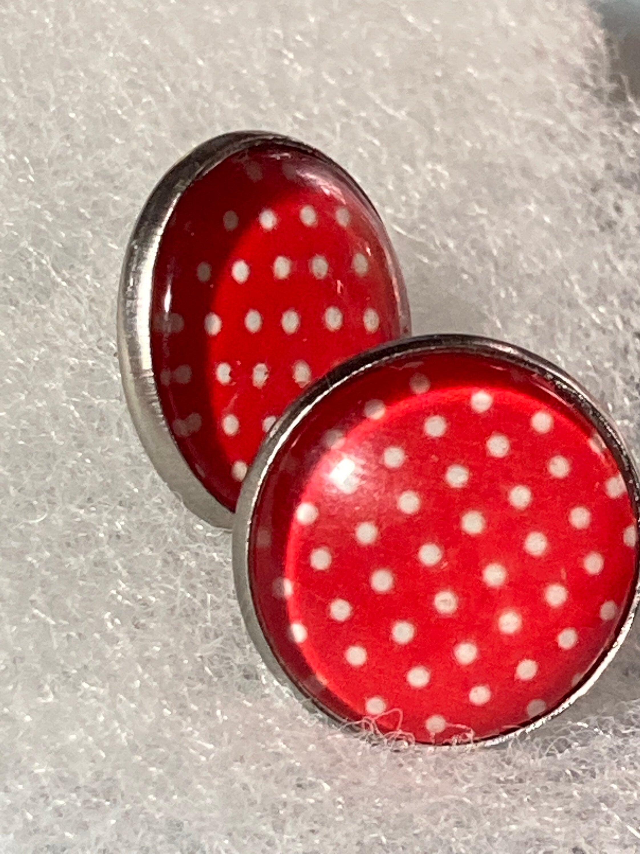 red polka dot earrings pierced round glass silver studs stainless steel