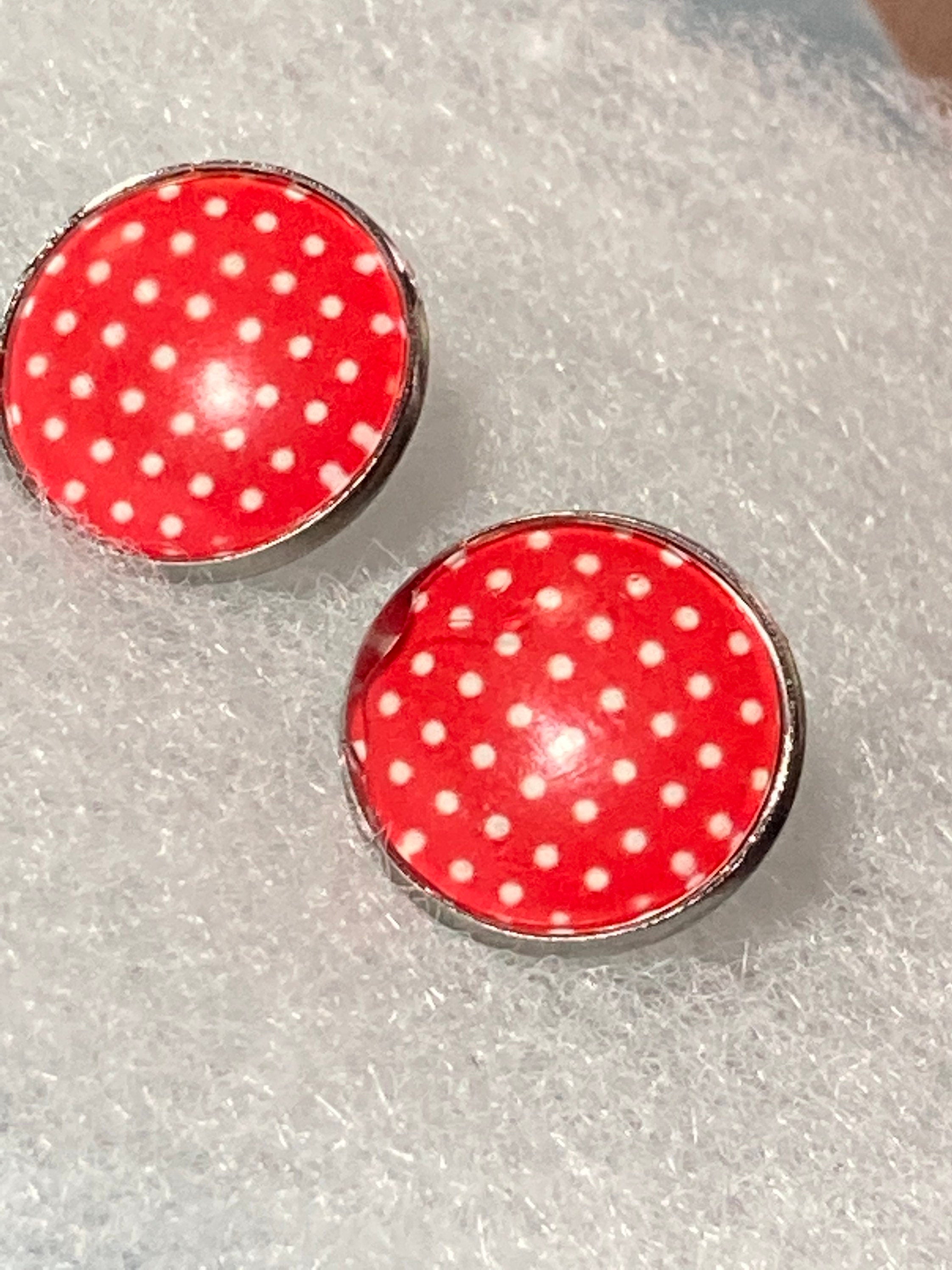 red polka dot earrings pierced round glass silver studs stainless steel