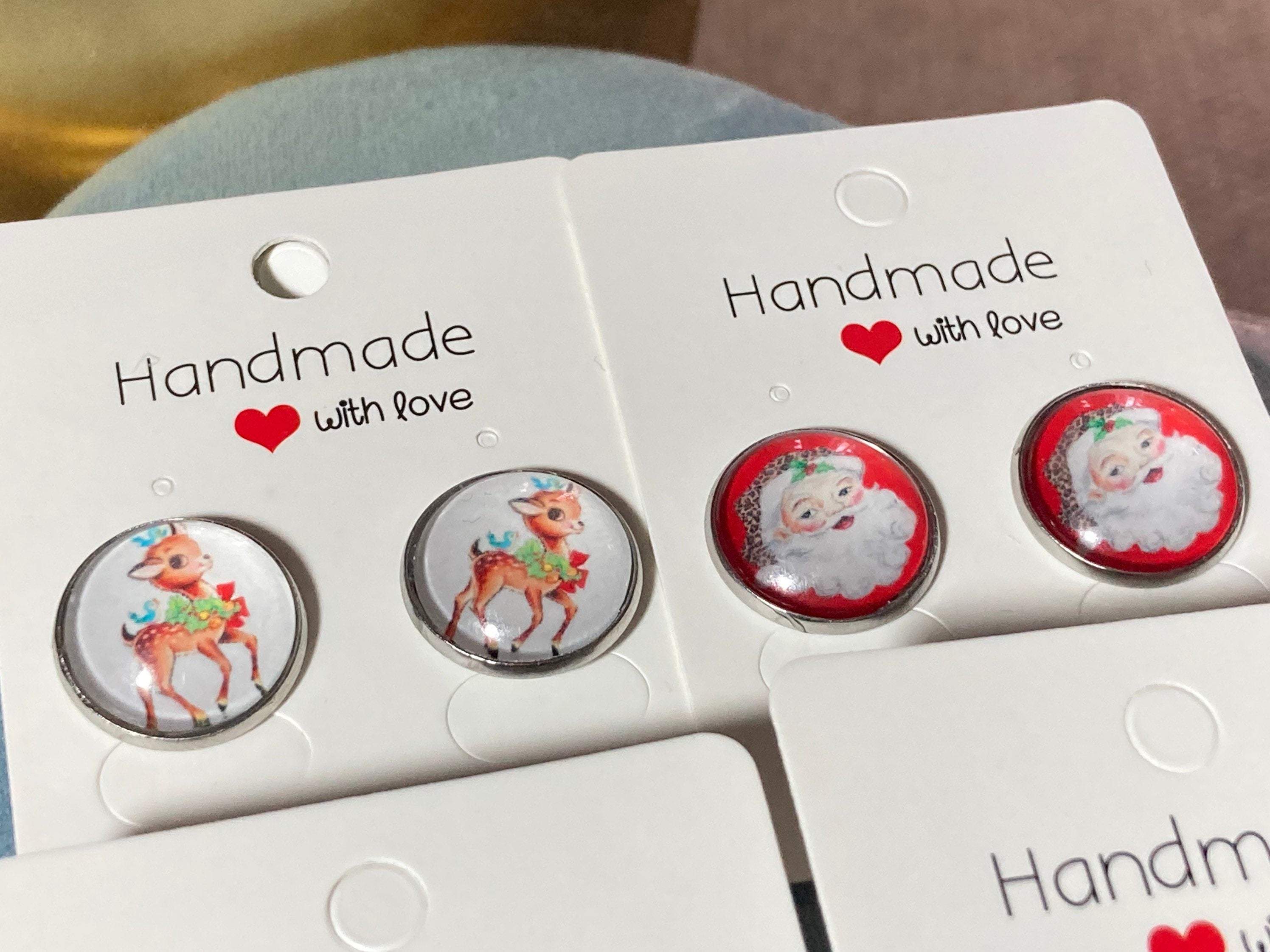 blue and white earrings floral print round glass stainless steel studs