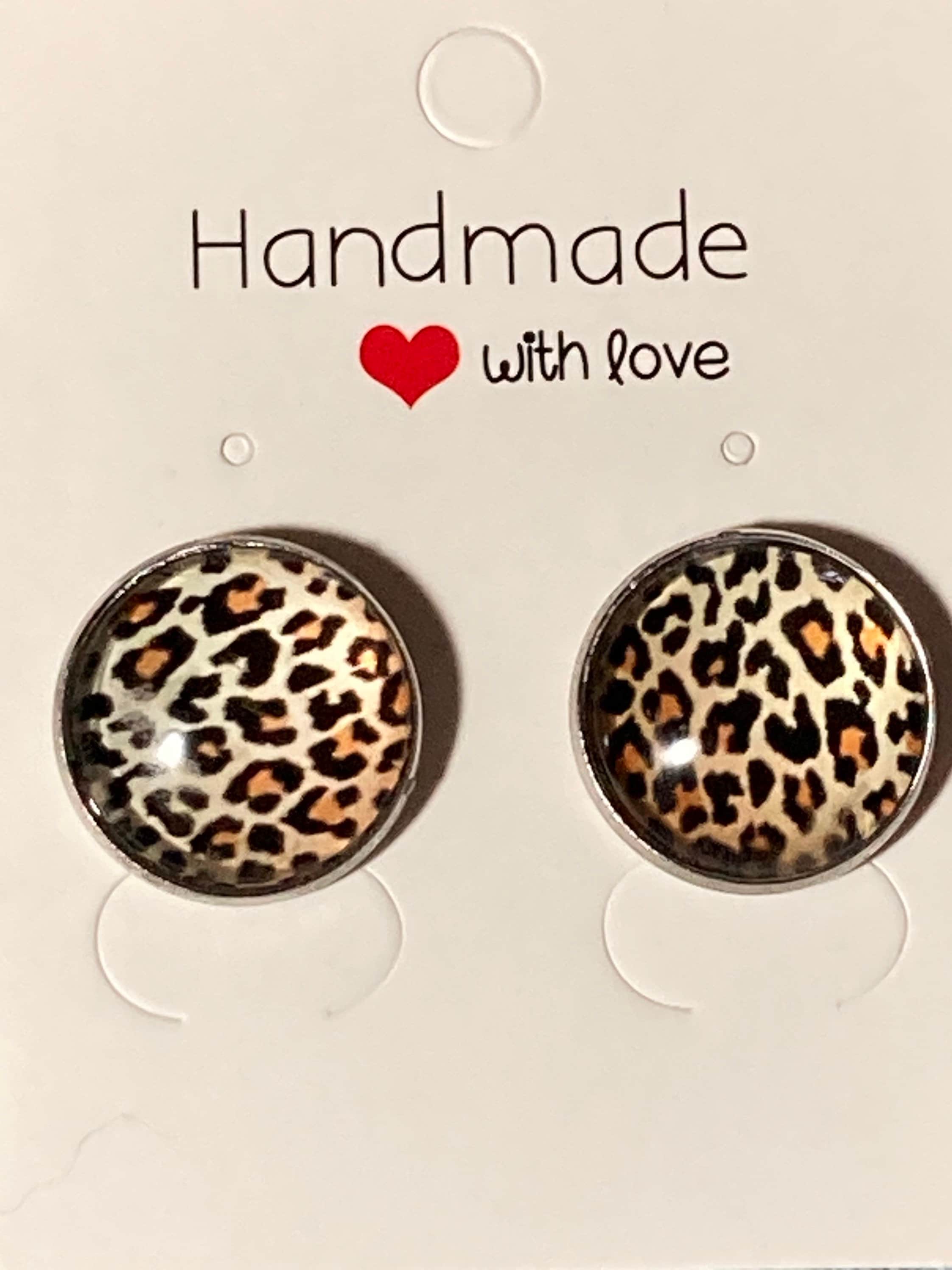 leopard print silver stud earrings stainless steel with glass cabochons
