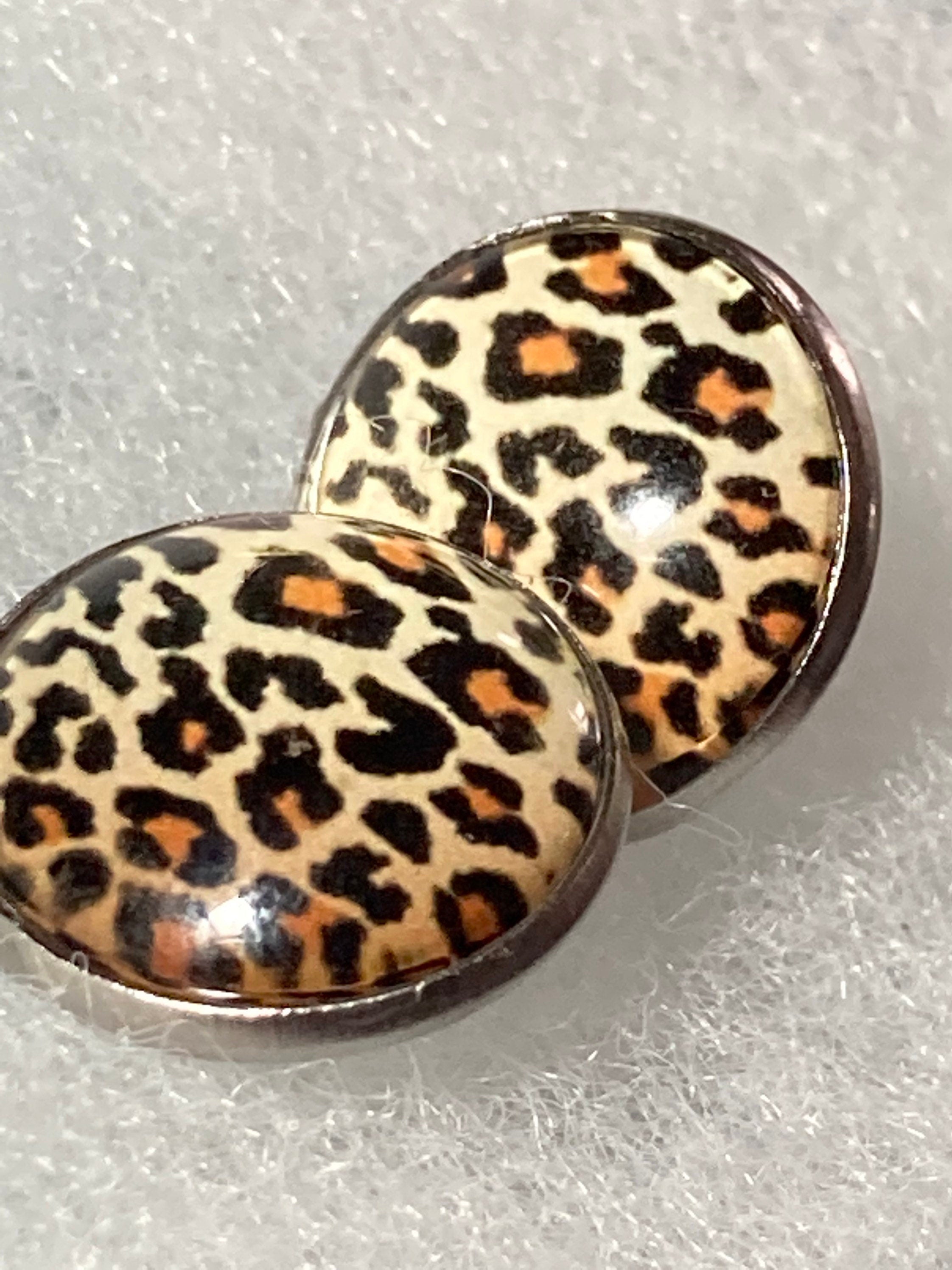 leopard print silver stud earrings stainless steel with glass cabochons