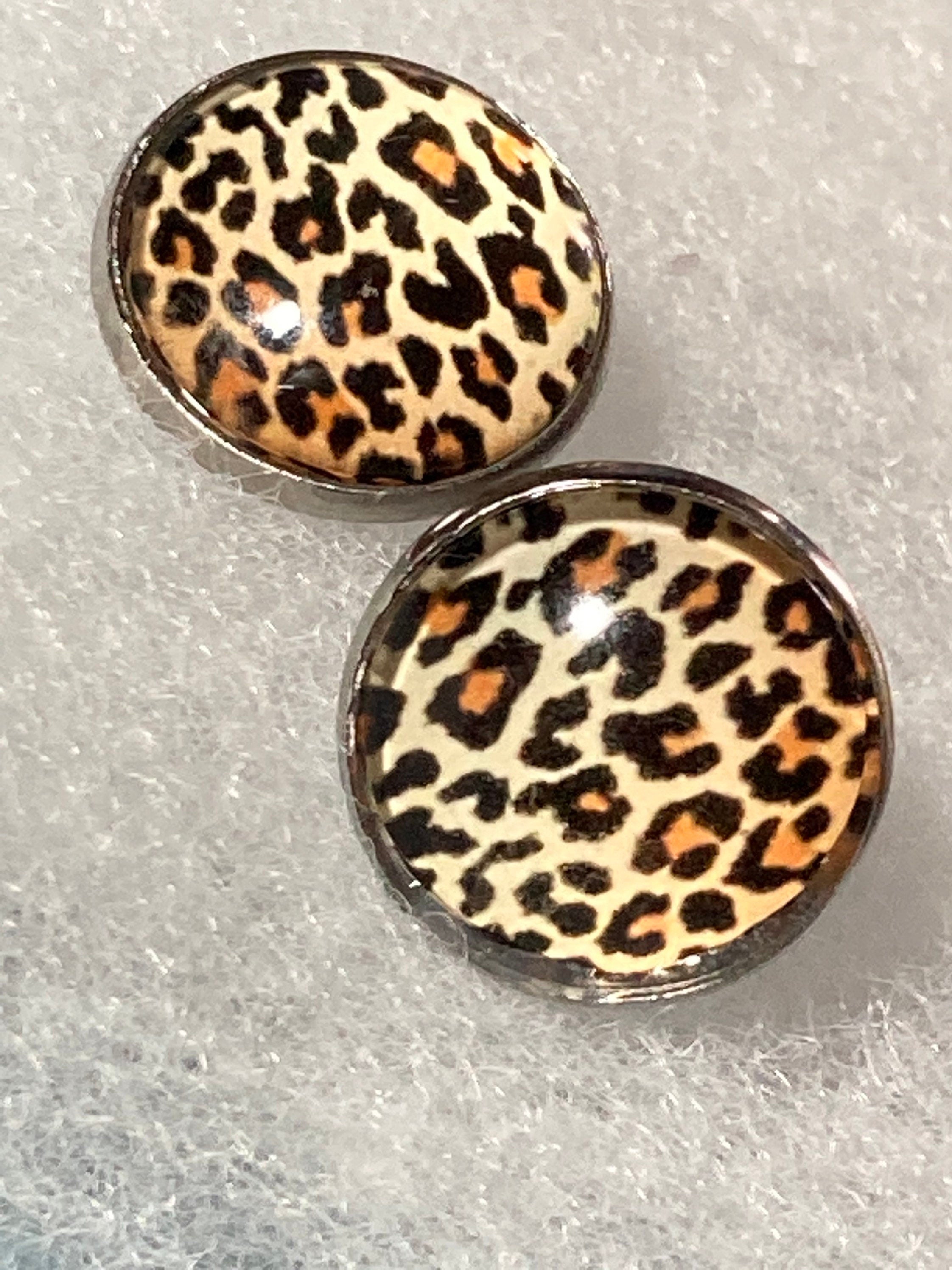 leopard print silver stud earrings stainless steel with glass cabochons
