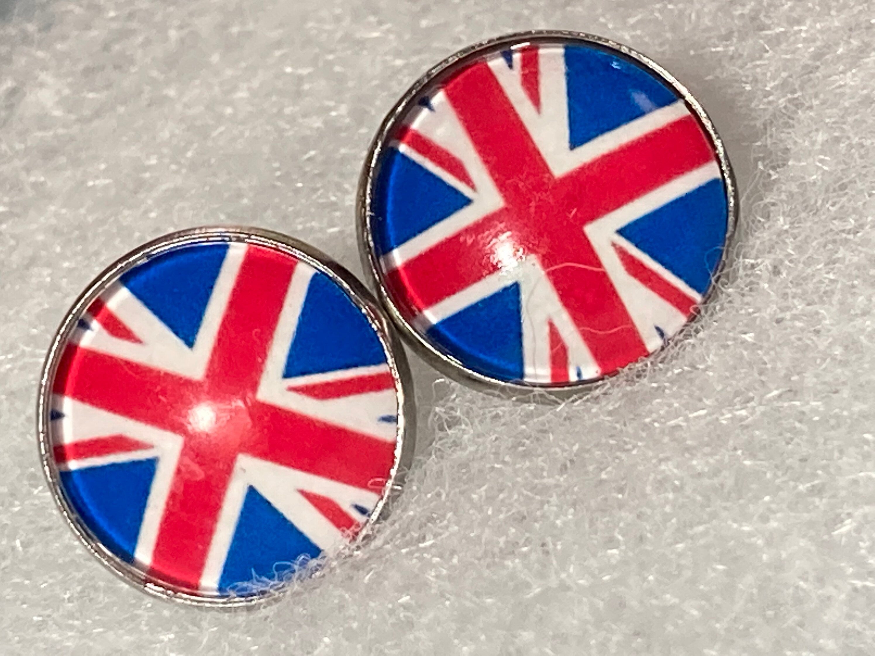 Union Jack stud earrings with 16mm glass cabochons stainless steel