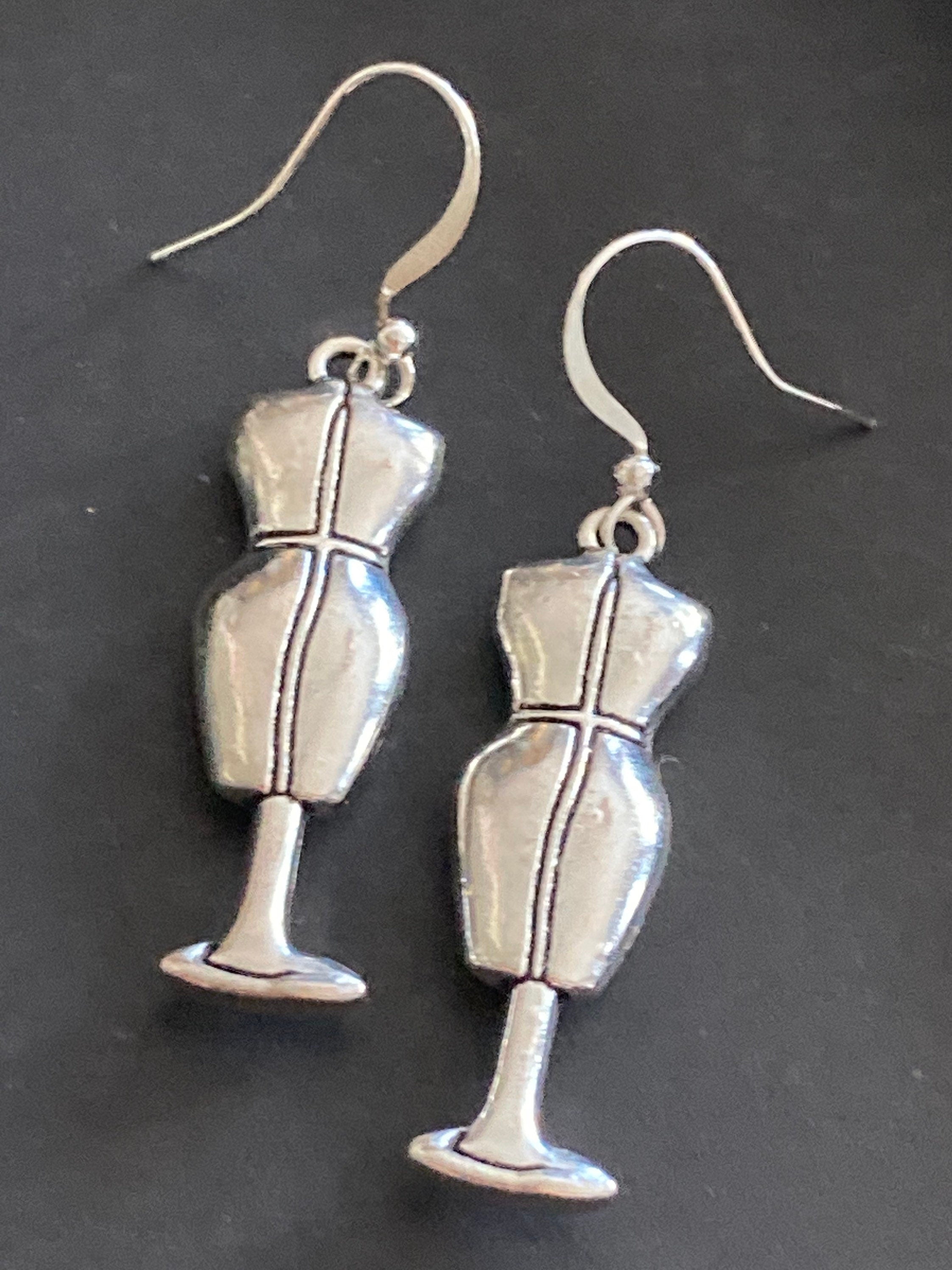 silver tone dressmakers dummy drop earrings, Costumiers sewing