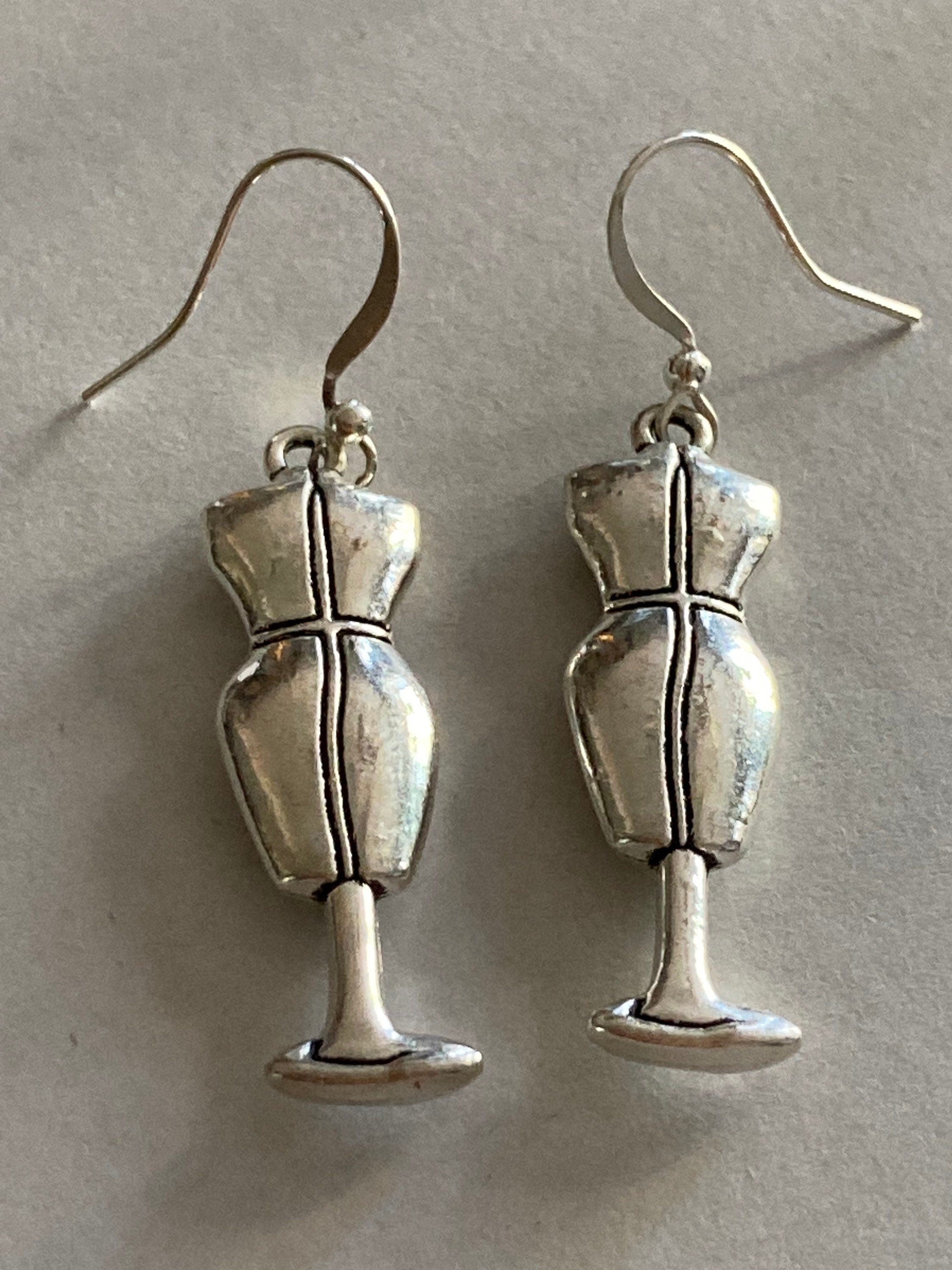 silver tone dressmakers dummy drop earrings, Costumiers sewing