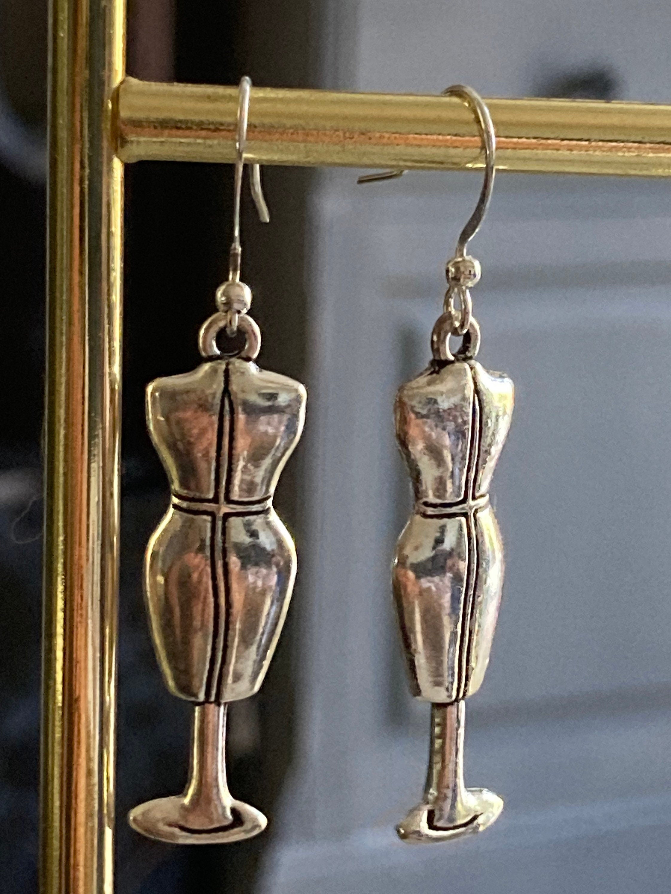 silver tone dressmakers dummy drop earrings, Costumiers sewing