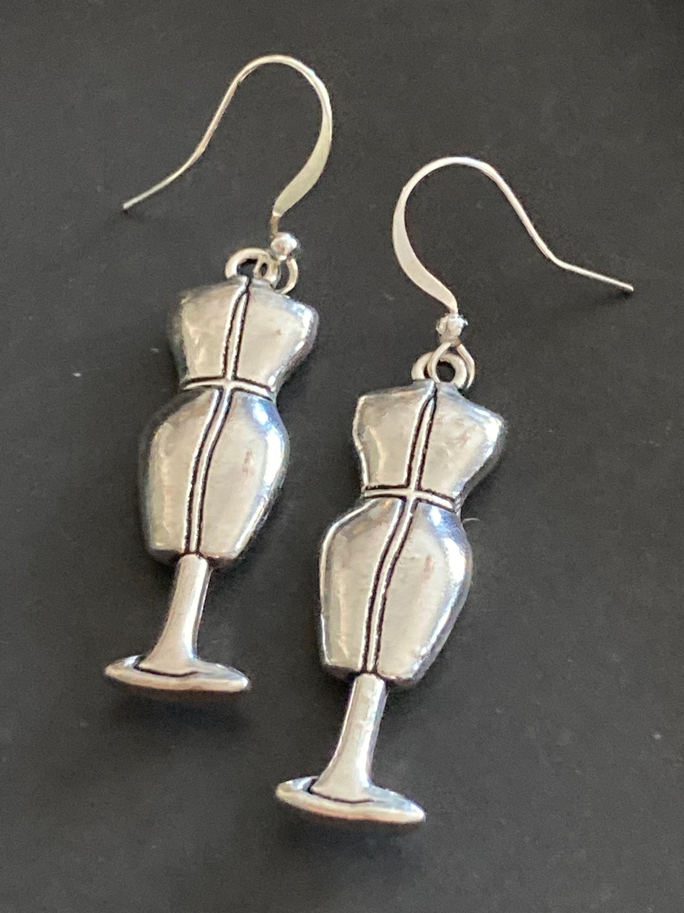 silver tone dressmakers dummy drop earrings, Costumiers sewing