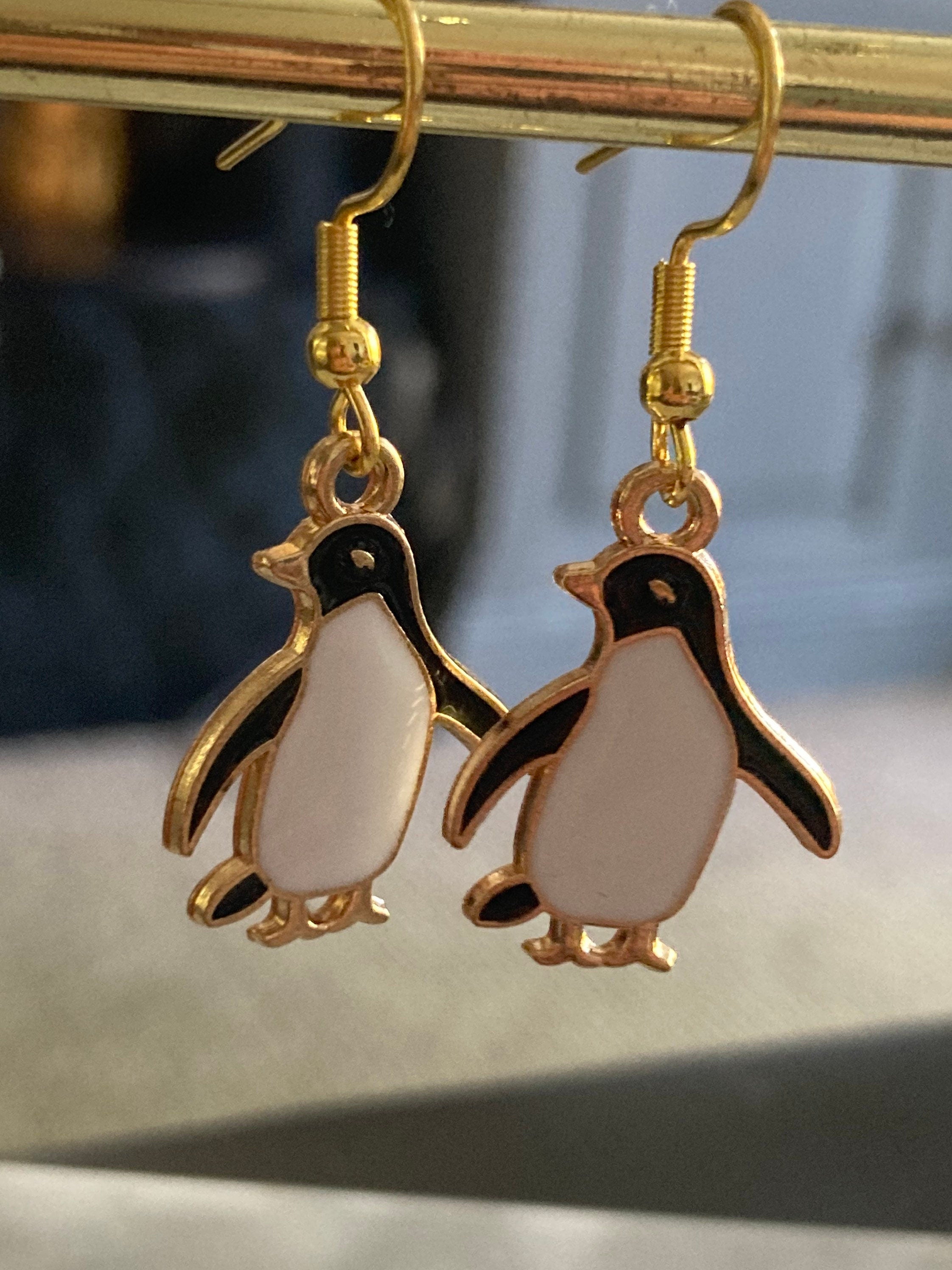 penguin drop earrings Gold tone black white enamel