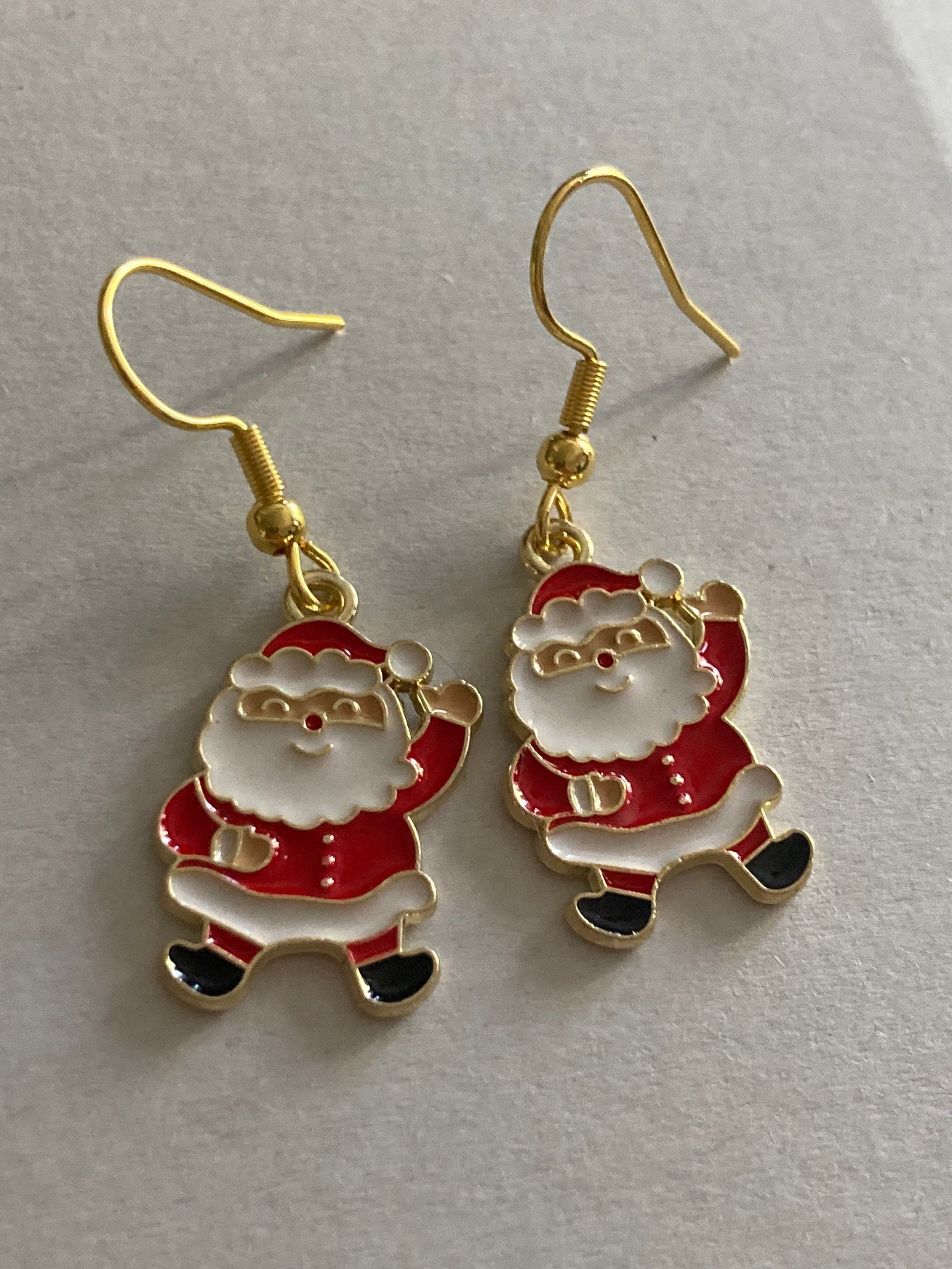 father Christmas Santa Claus red white enamel drop earrings for pierced ears