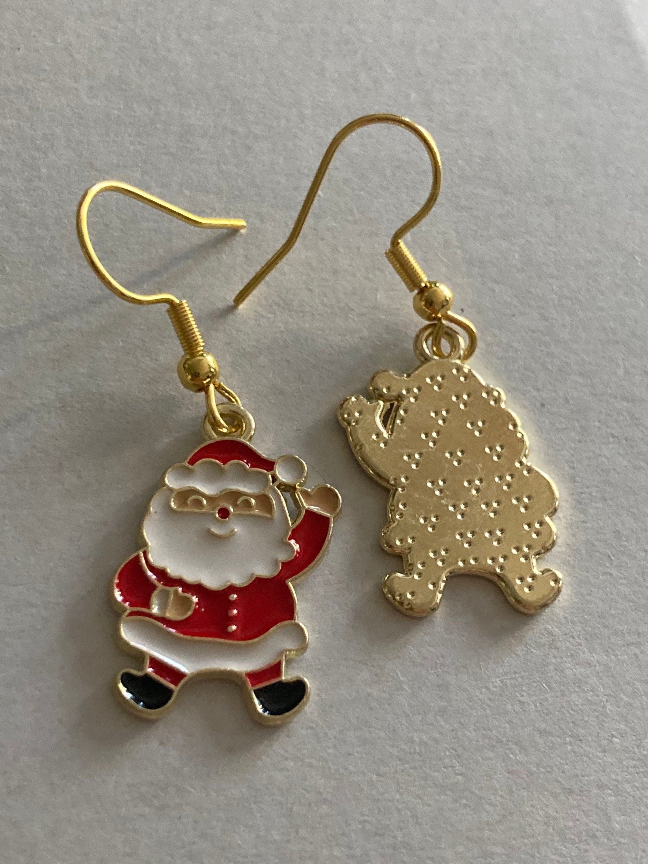 father Christmas Santa Claus red white enamel drop earrings for pierced ears