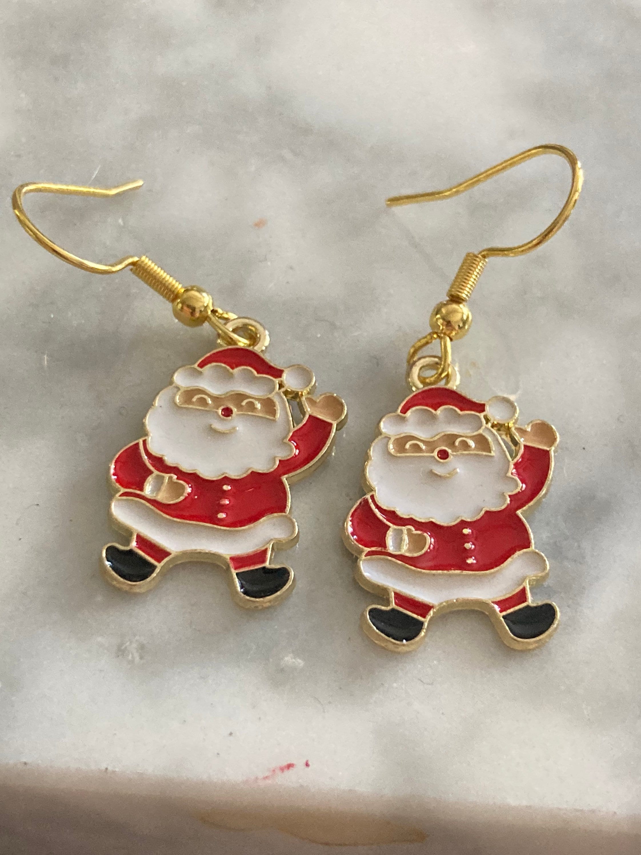 father Christmas Santa Claus red white enamel drop earrings for pierced ears