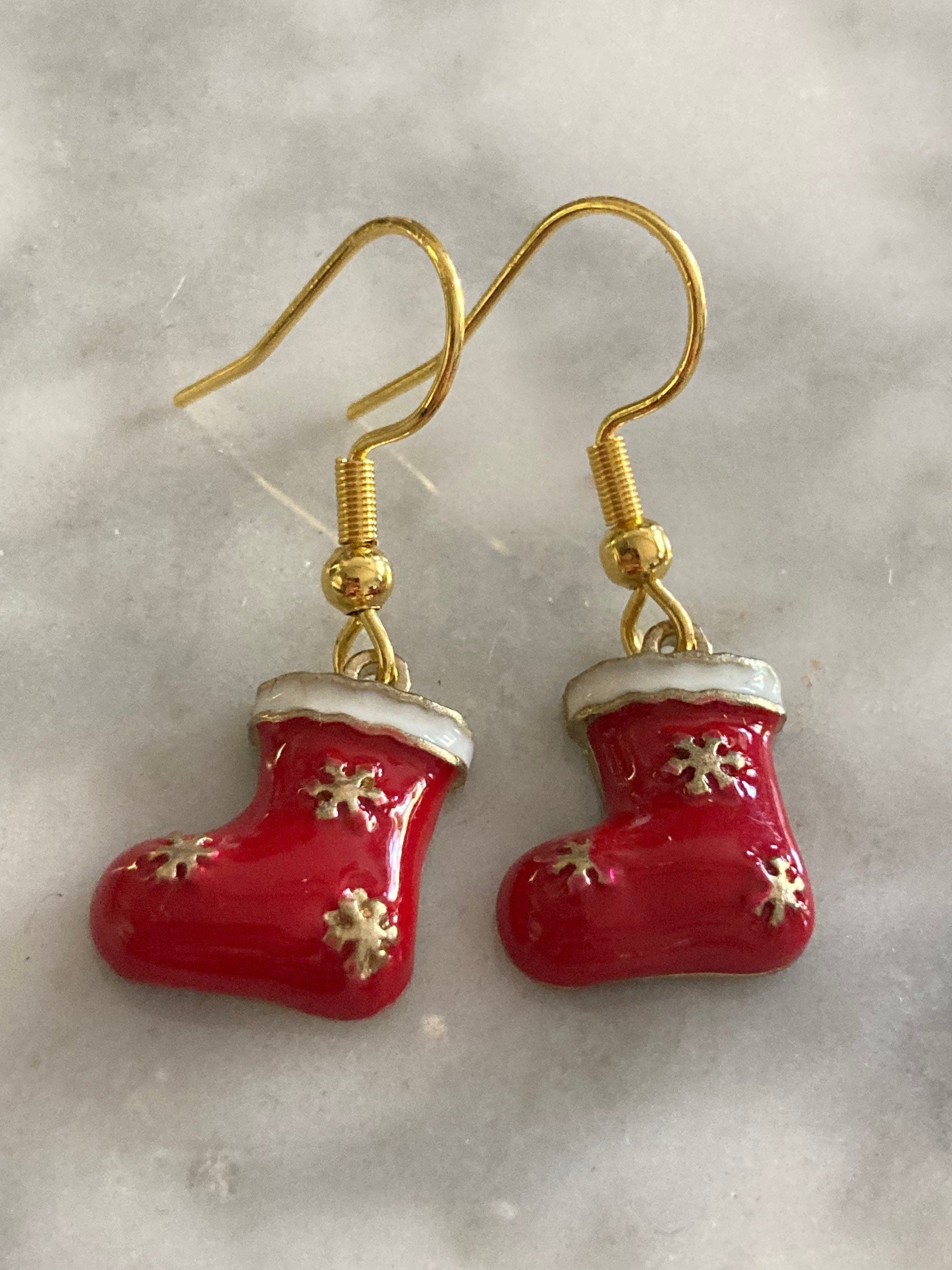 Christmas Santa Claus red boots enamel drop earrings for pierced ears
