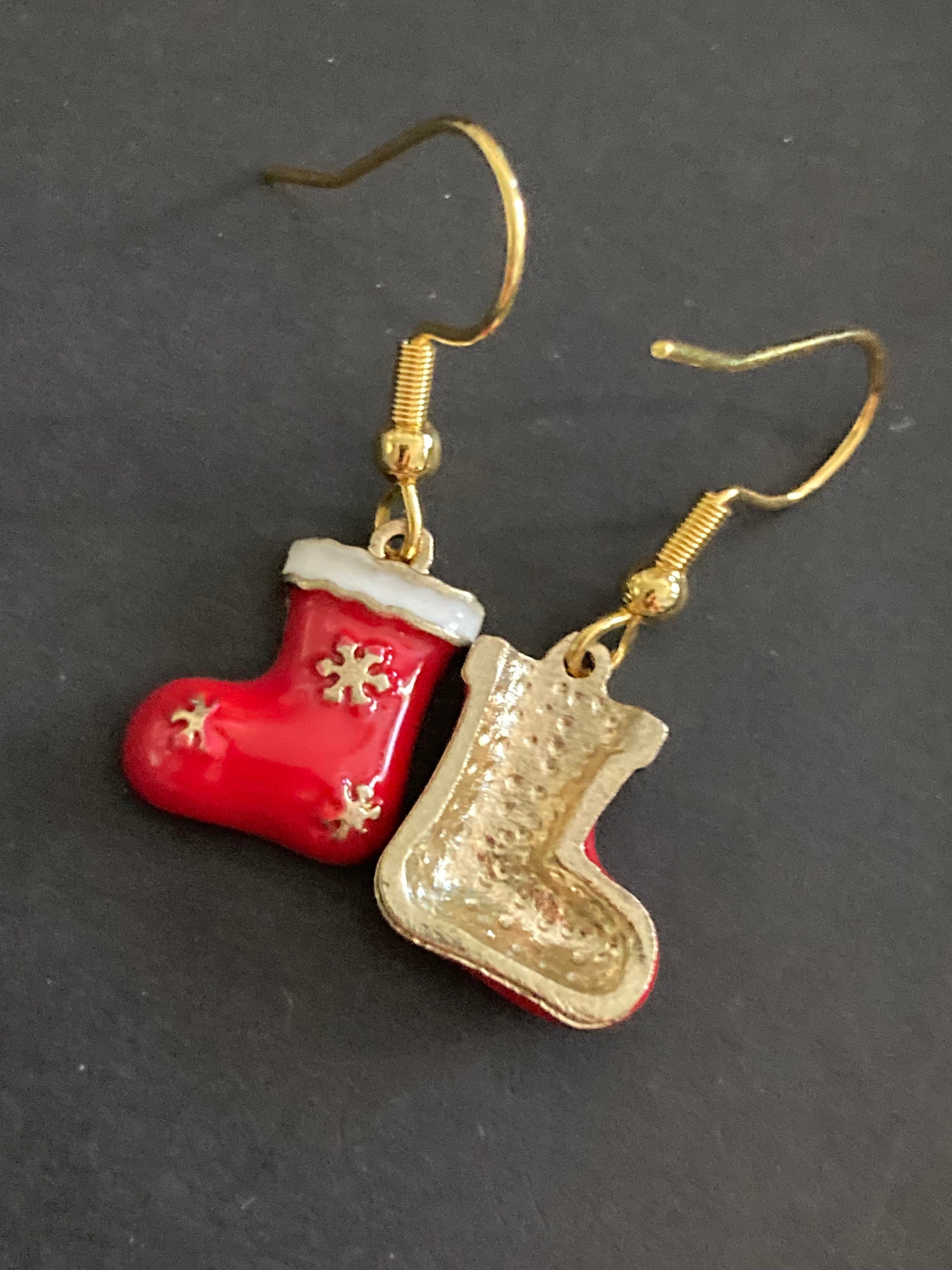 Christmas Santa Claus red boots enamel drop earrings for pierced ears