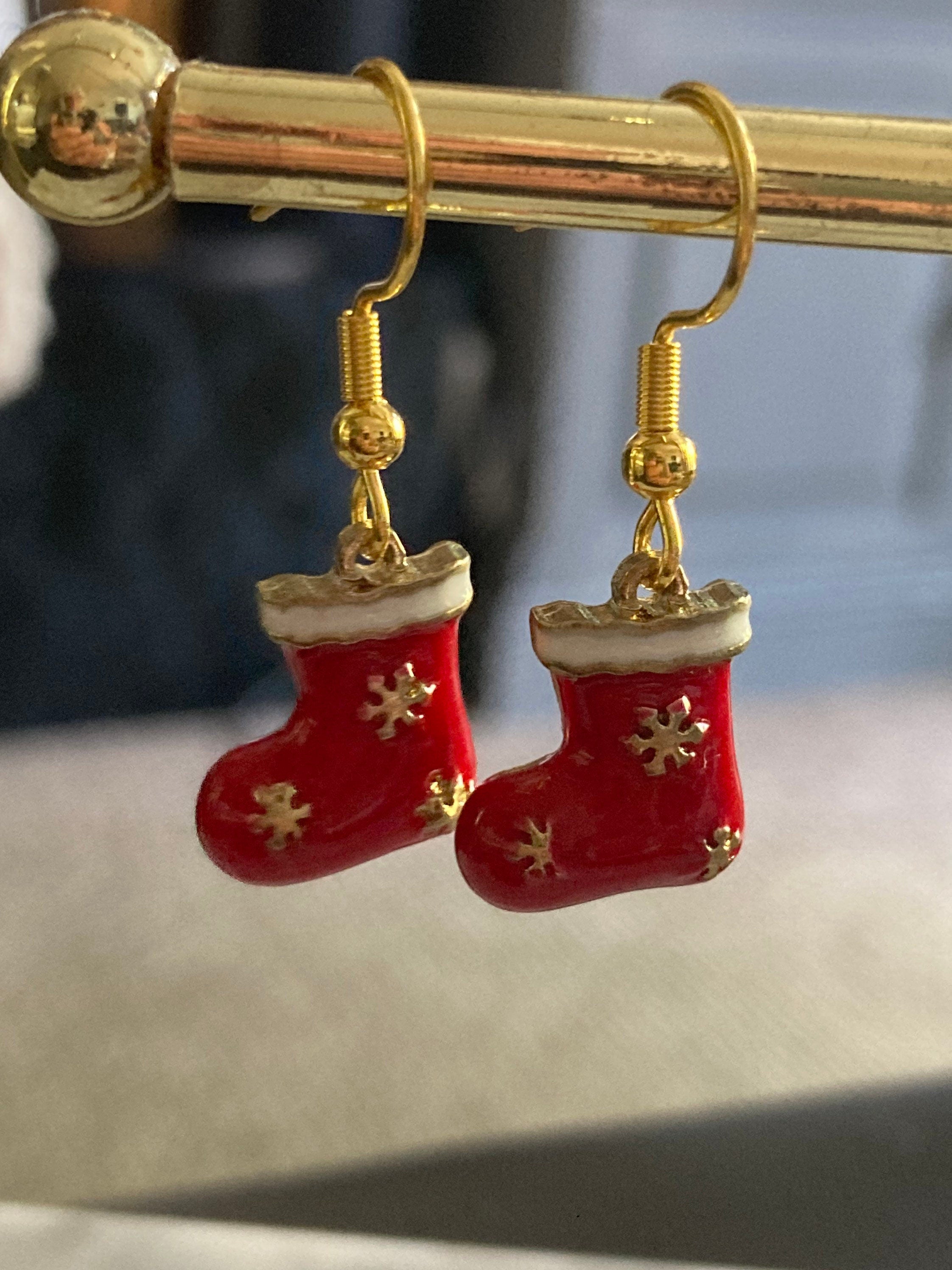 Christmas Santa Claus red boots enamel drop earrings for pierced ears