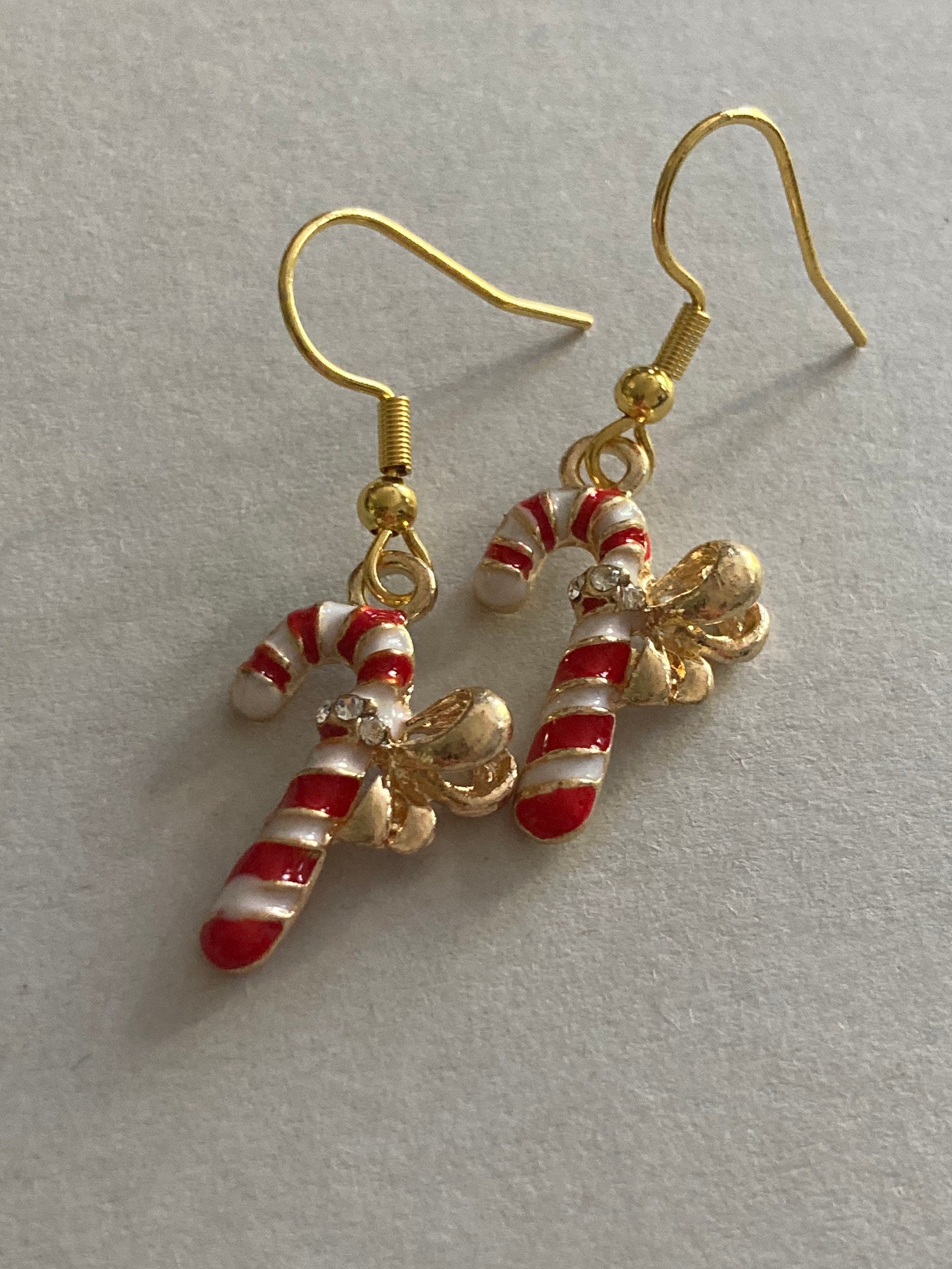 red and white enamel striped candy cane drop earrings for pierced ears