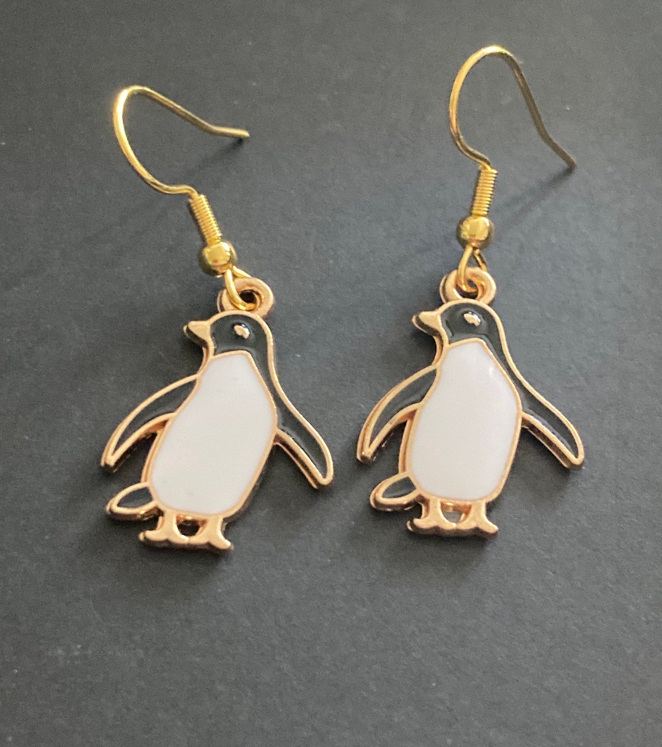 penguin drop earrings Gold tone black white enamel