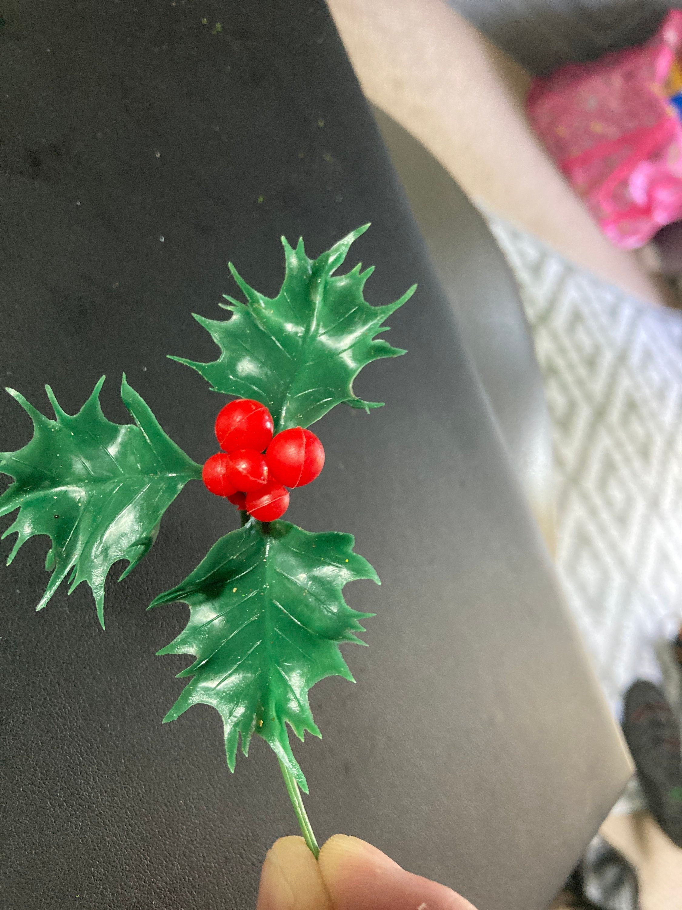 red green large sprig of HOLLY LEAVES BERRIES plastic cake topper decoration