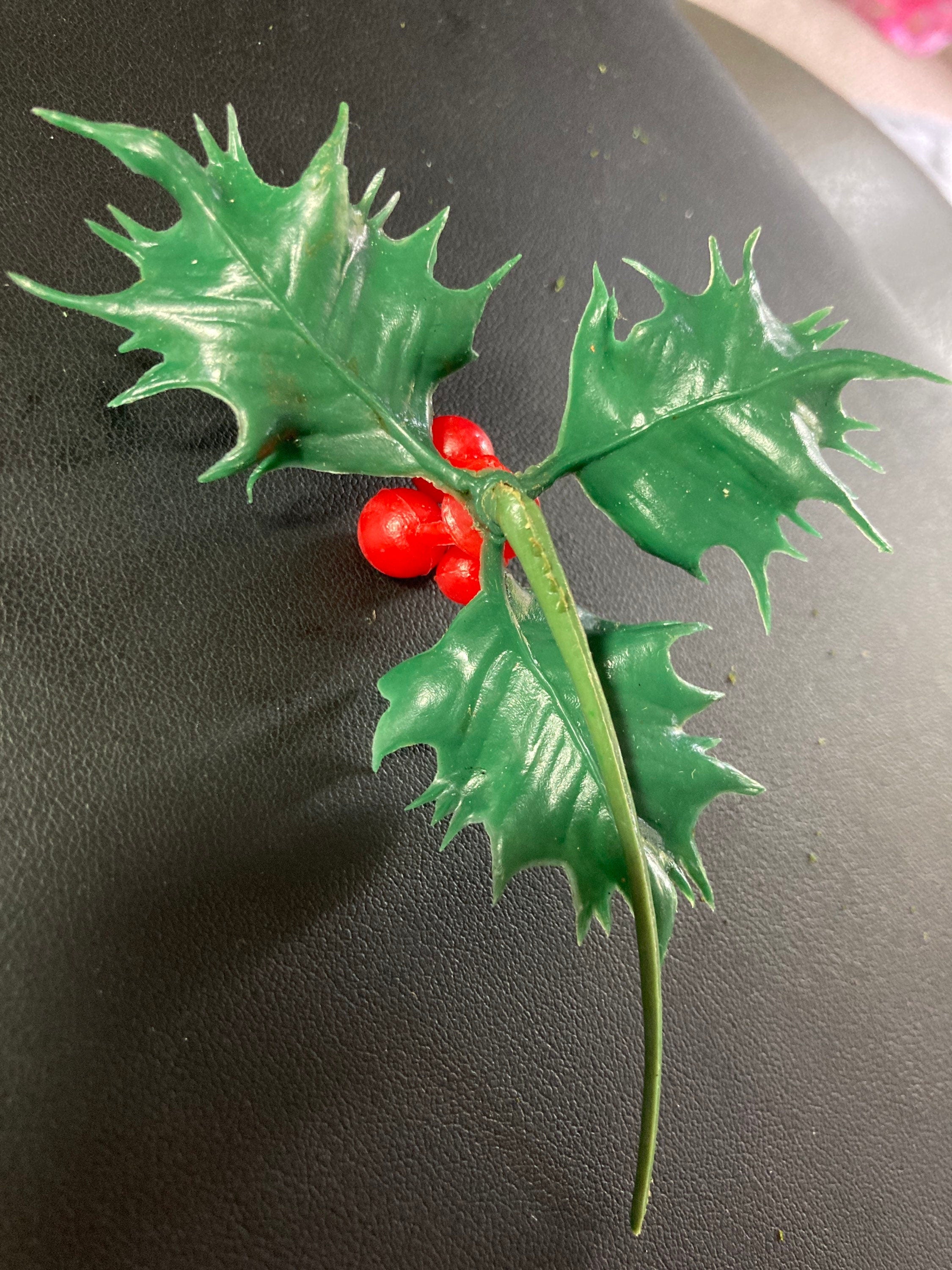 red green large sprig of HOLLY LEAVES BERRIES plastic cake topper decoration