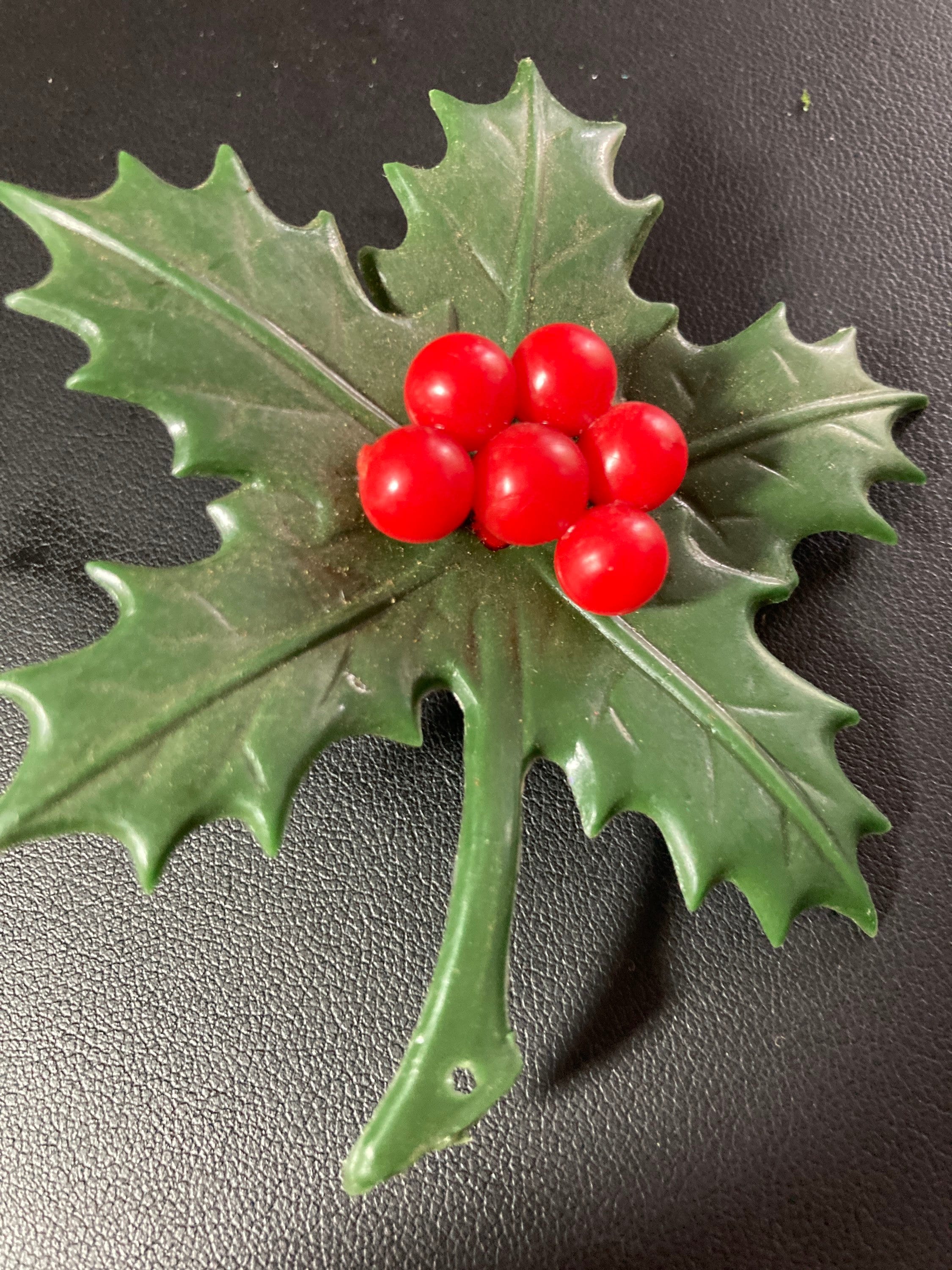 green large 8cm sprig of HOLLY LEAVES BERRIES plastic cake topper decoration