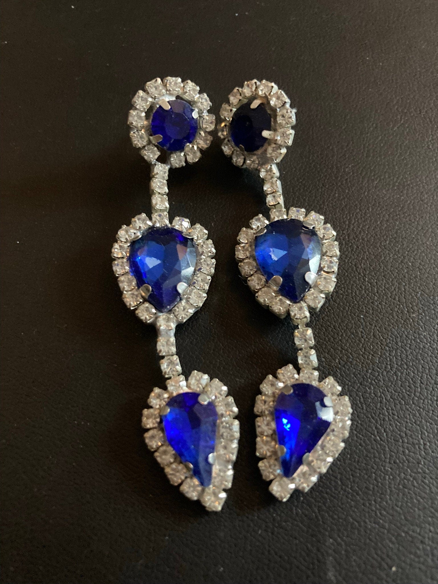 Vintage Czech Rhinestone Long Blue Sapphire Clear Glass Paste Diamante Drop Earrings